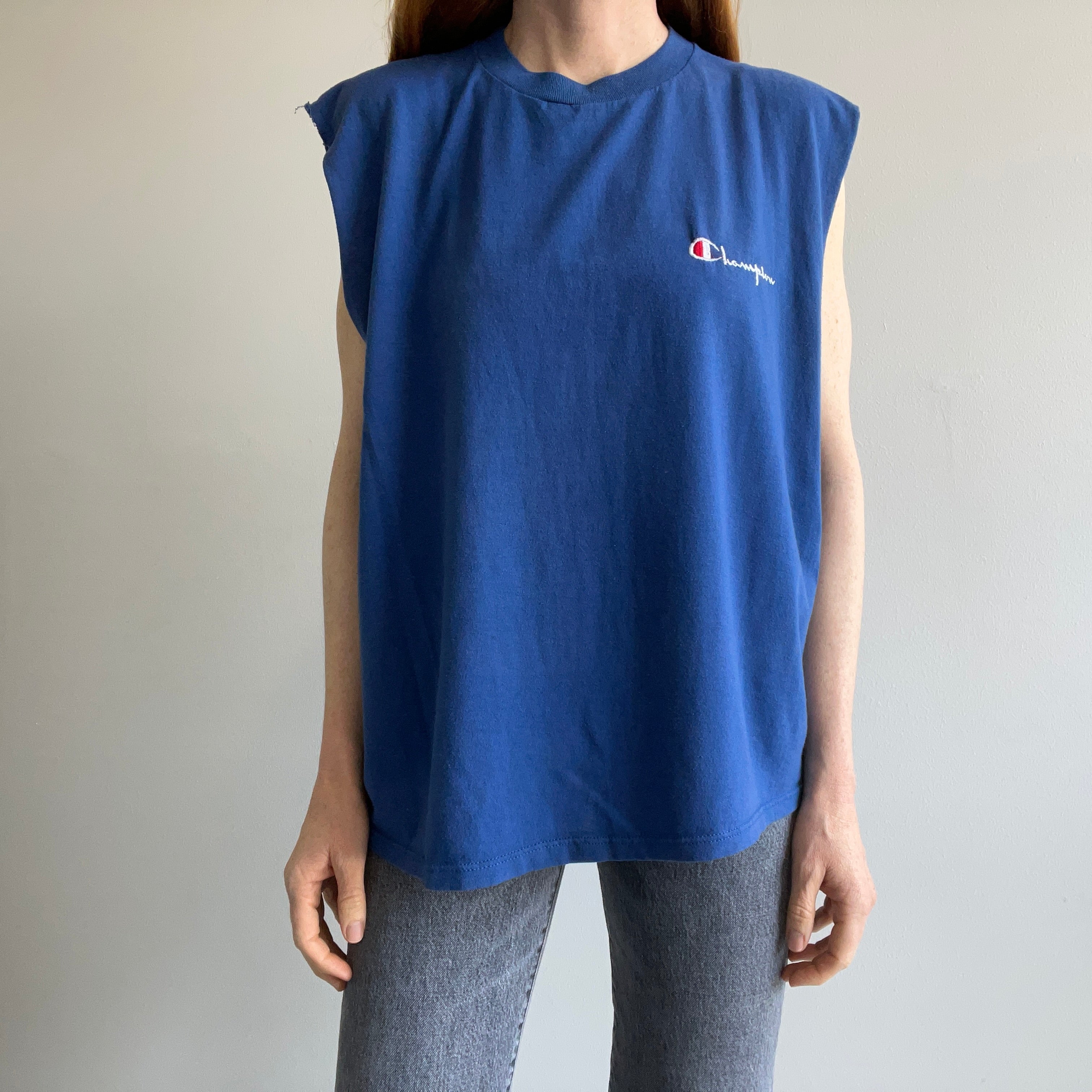 1980s Champion via Jerzees Cut Sleeve Blue Tank Top