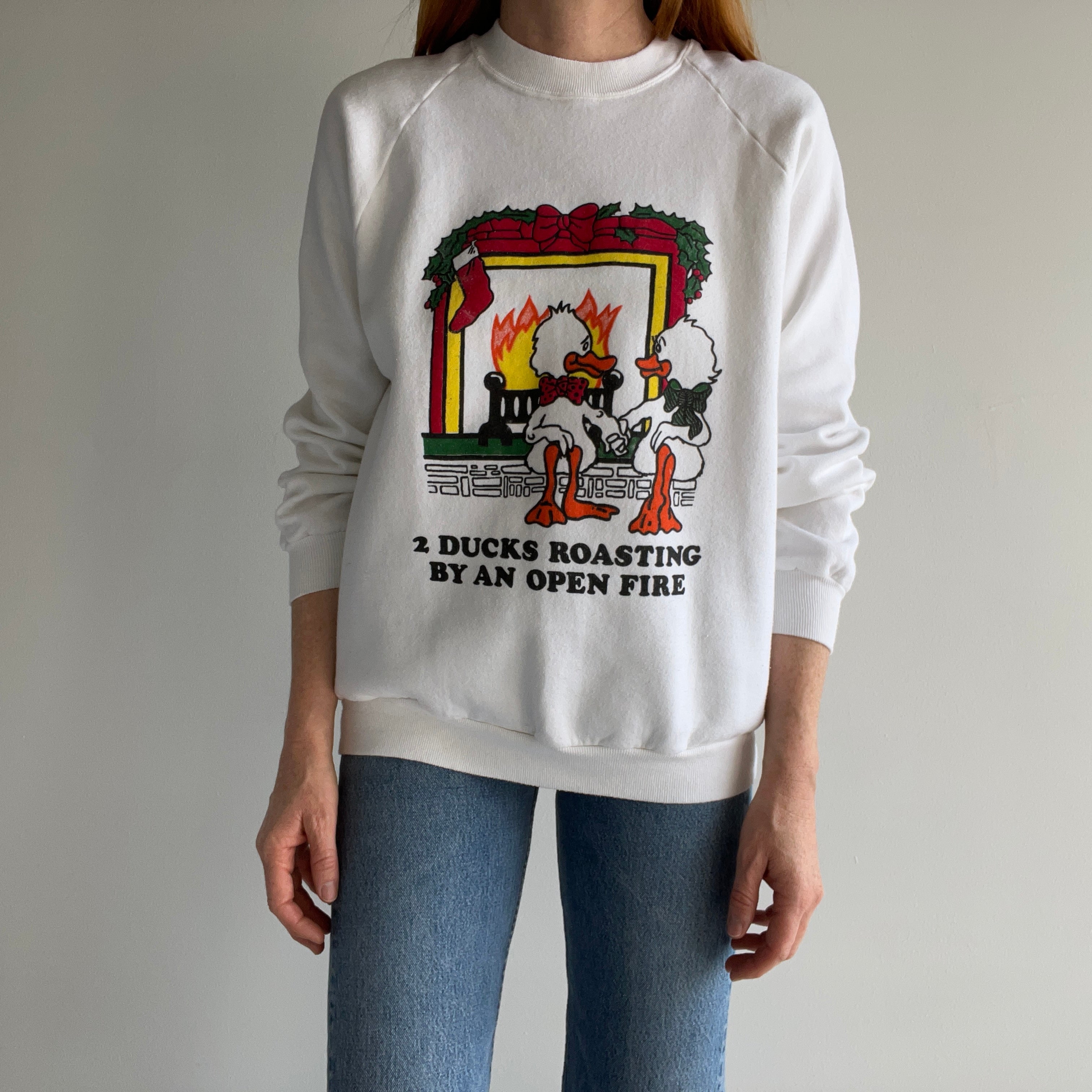 1980s Two Ducks Roasting By an Open Fire Sweatshirt