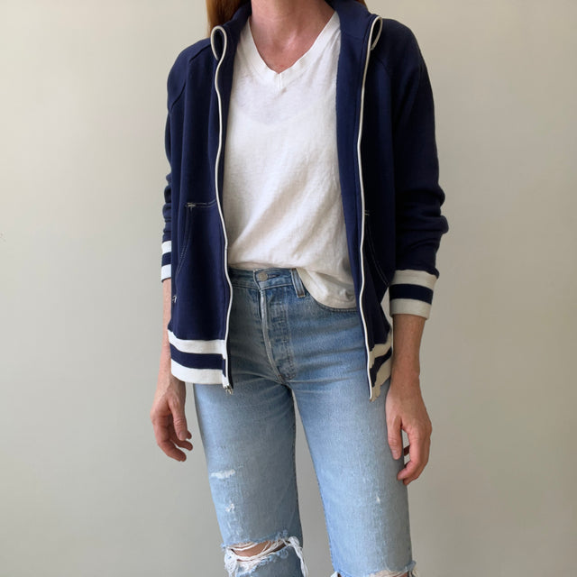 1970s Navy and White Super Soft Zip Warm Up Sweatshirt