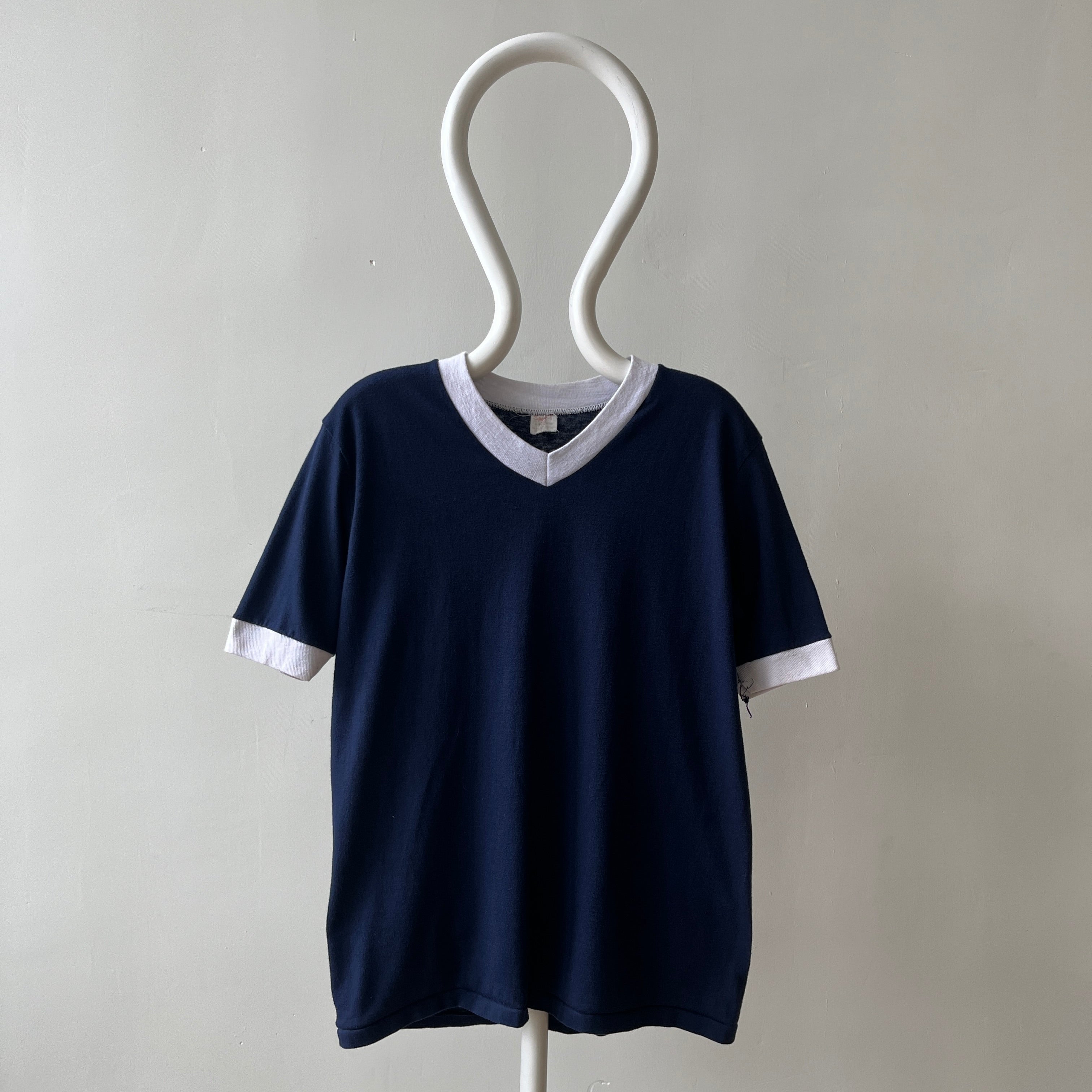 1970s Blank Navy Blue V Neck Ringer T Shirt