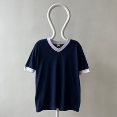 1970s Blank Navy Blue V Neck Ringer T Shirt