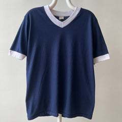 1970s Blank Navy Blue V Neck Ringer T Shirt