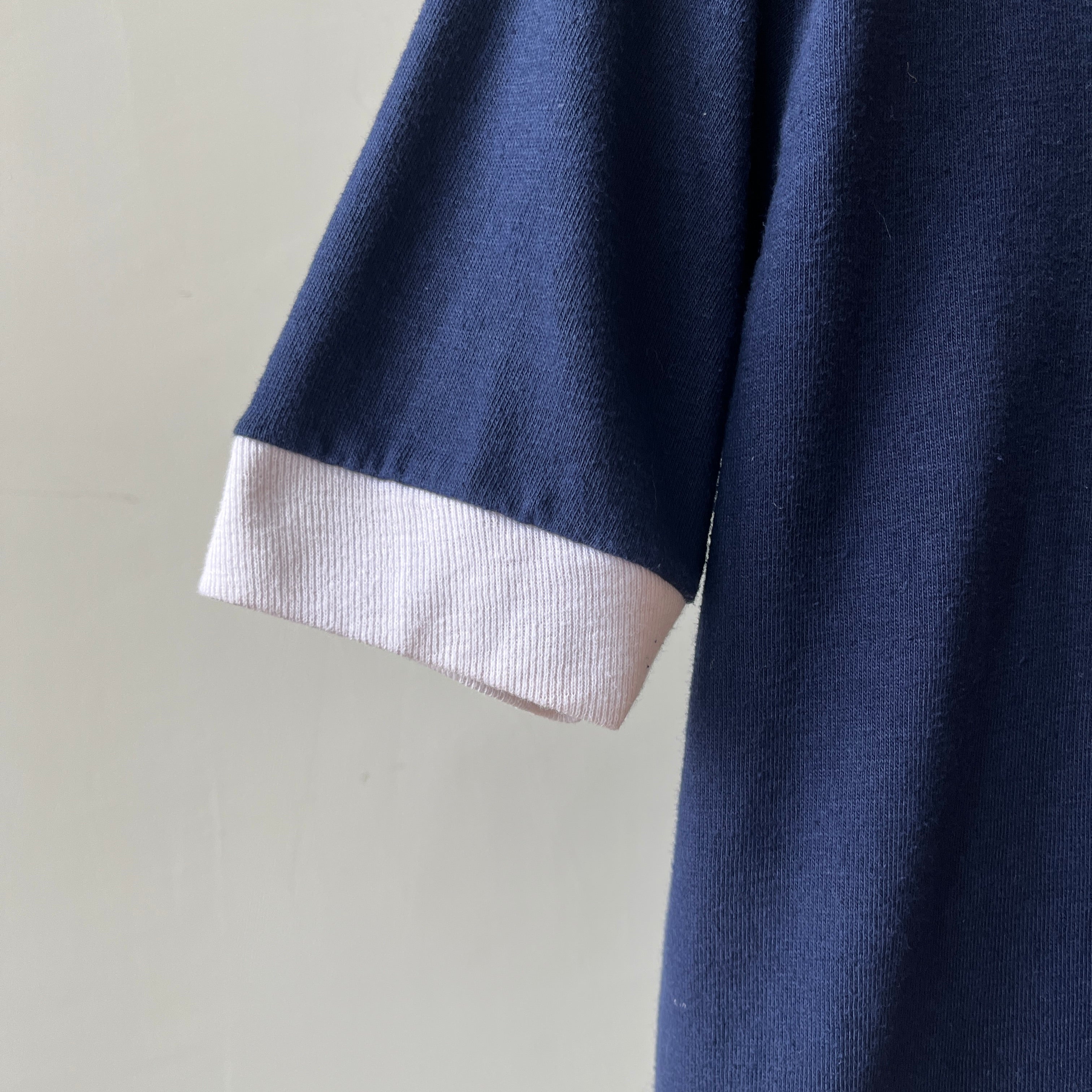 1970s Blank Navy Blue V Neck Ringer T Shirt