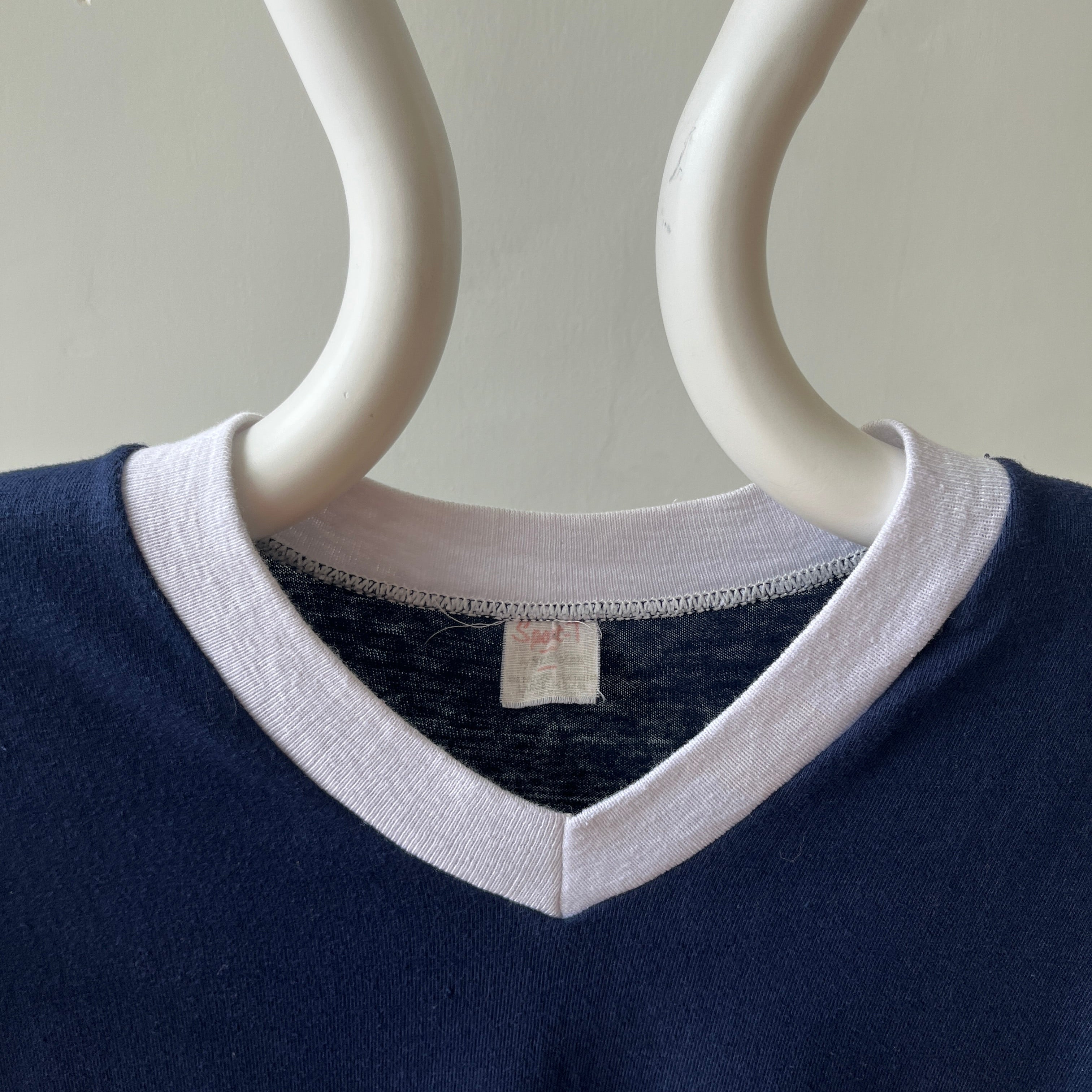 1970s Blank Navy Blue V Neck Ringer T Shirt