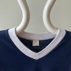 1970s Blank Navy Blue V Neck Ringer T Shirt
