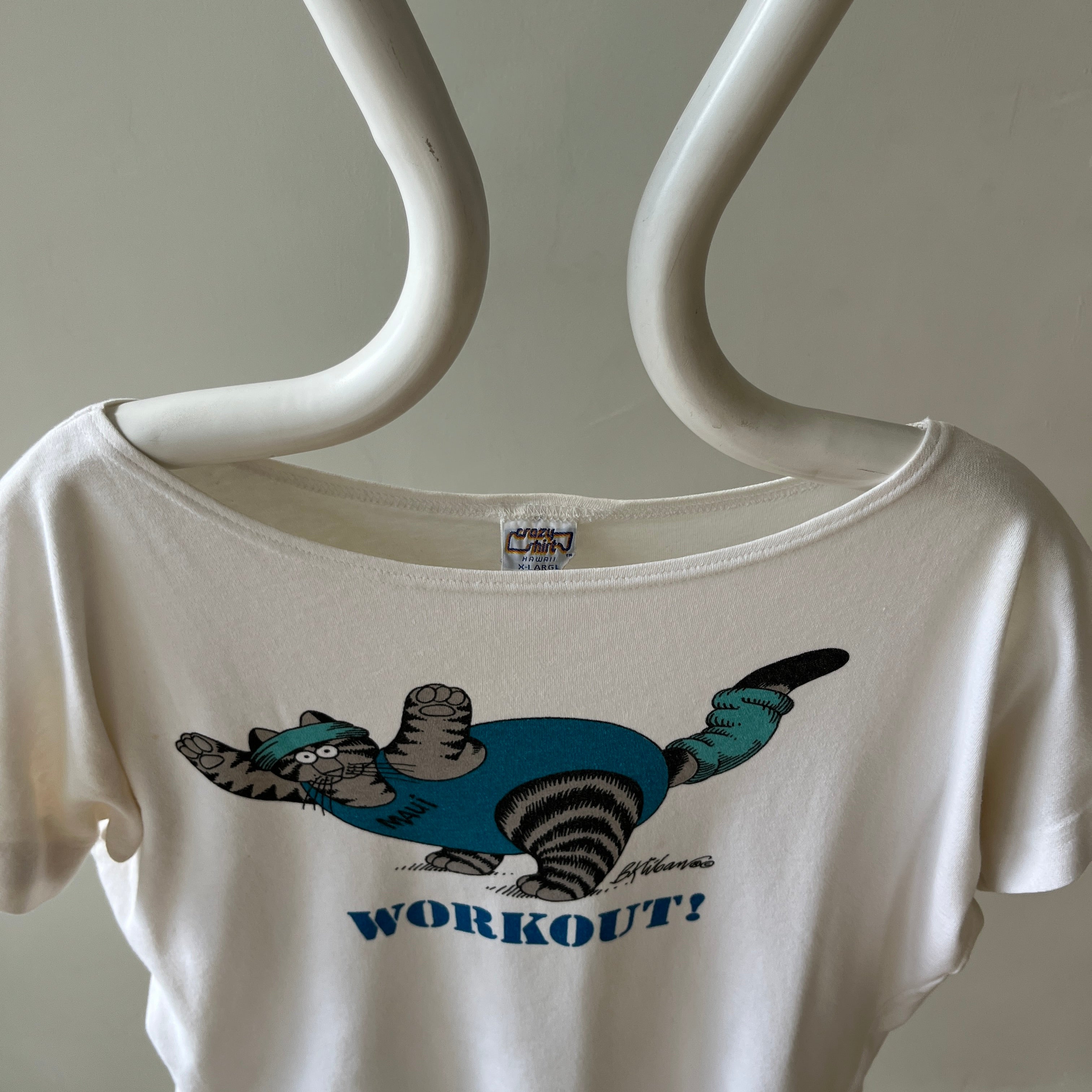 1980s Scoop Neck Workout Cat T Shirt - Crazy Shirt Brand Alert!
