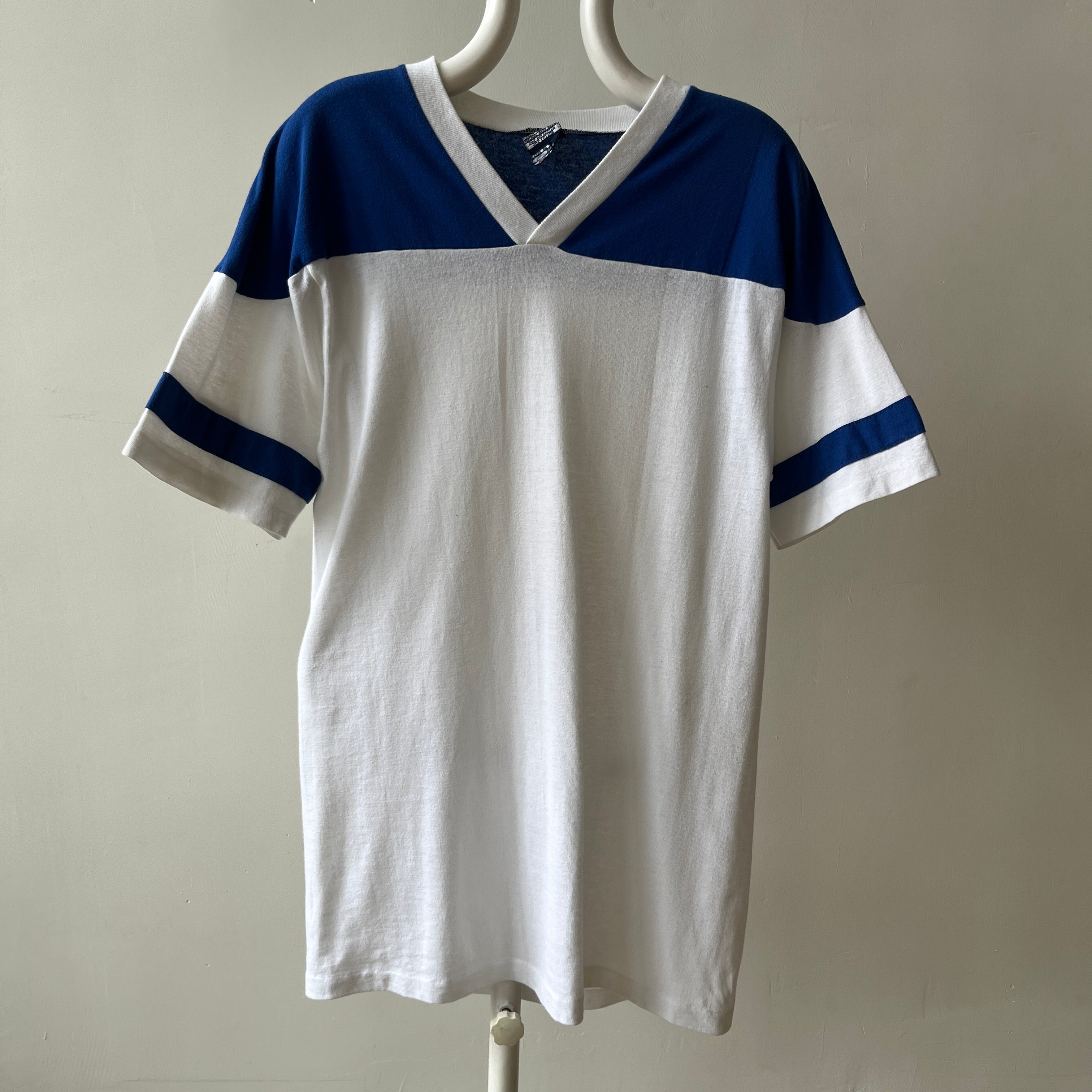 1980s Blank Blue and White Football Style T Shirt