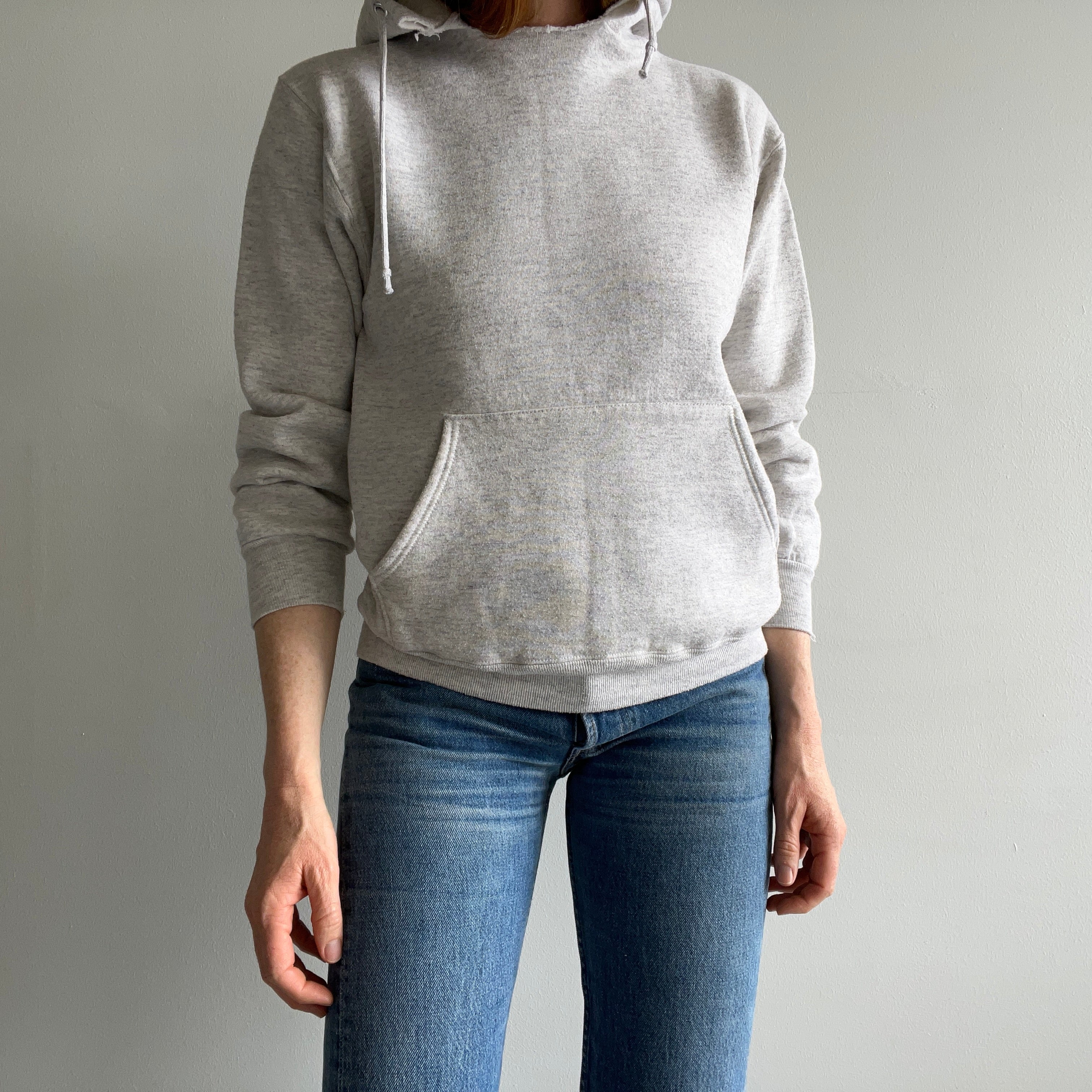 1980s Cut Neck. Light Gray Pull Over Hoodie by Jerzees