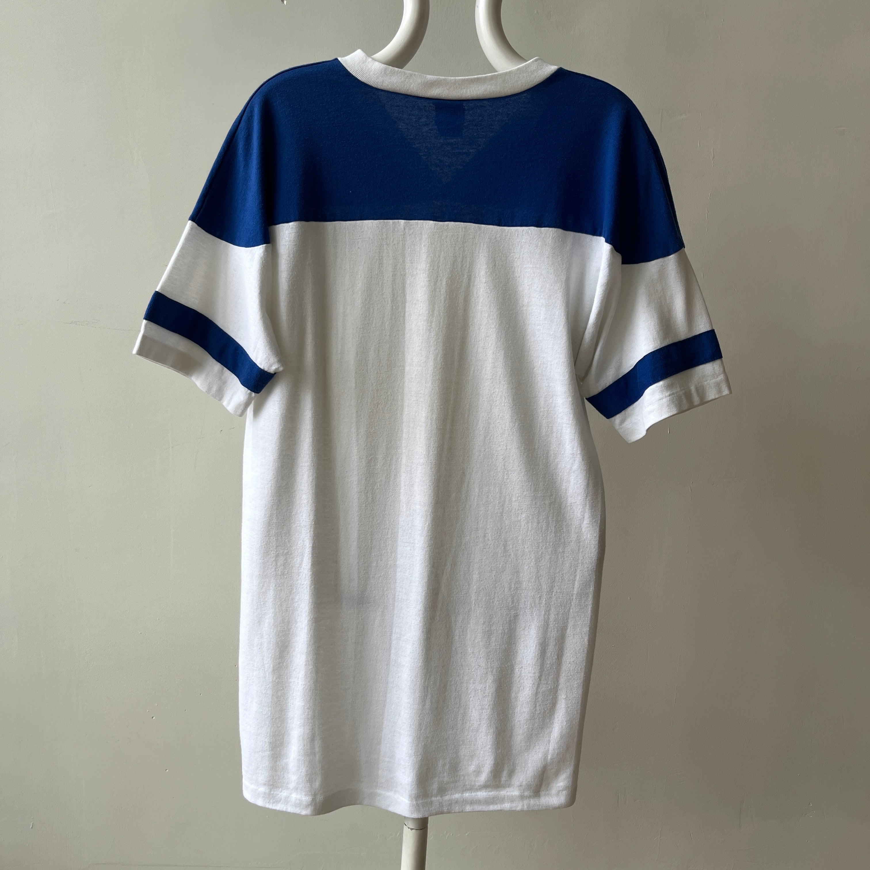 1980s Blank Blue and White Football Style T Shirt
