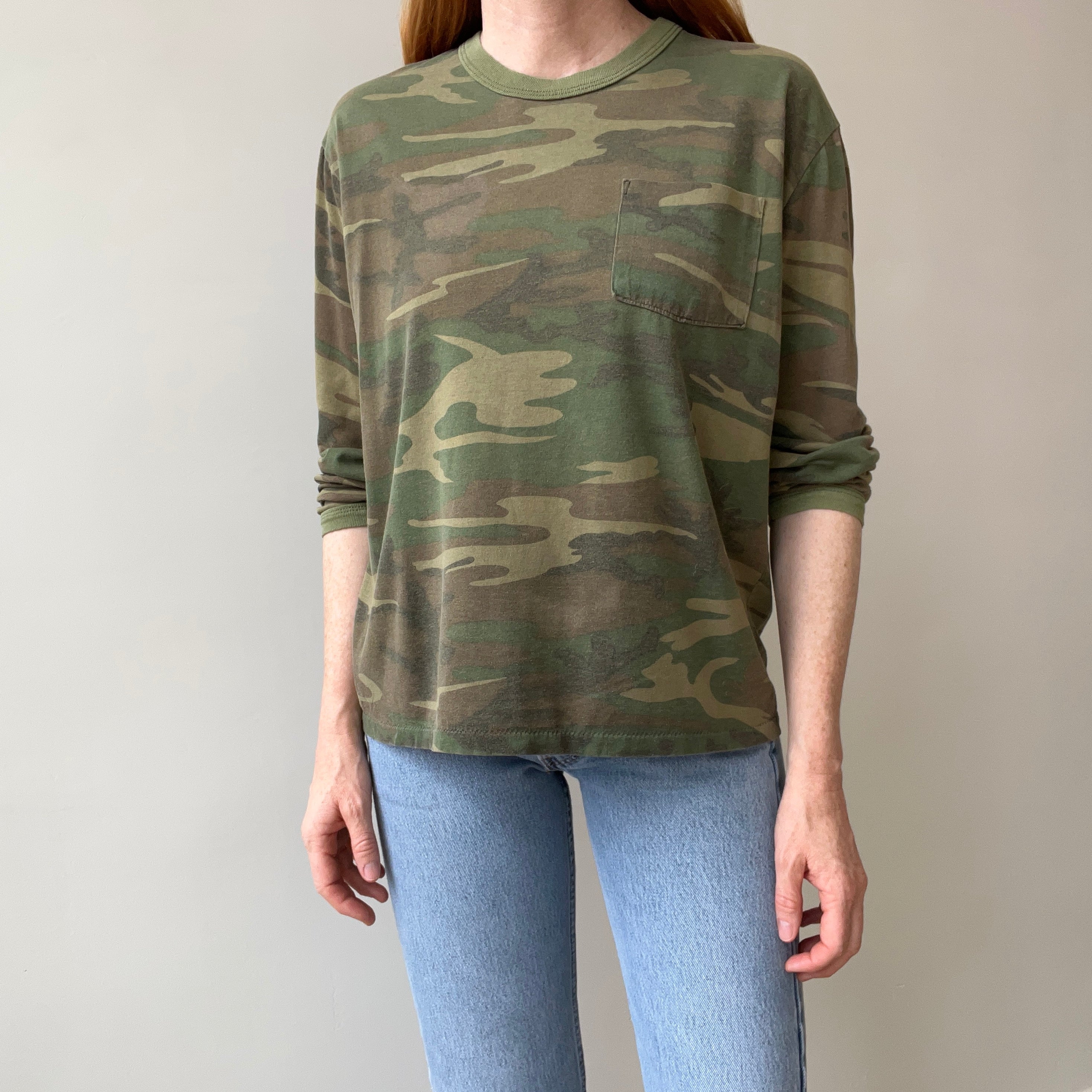 1980s Rolled Neck Soft and Slouchy Long Sleeve Camo T-Shirt