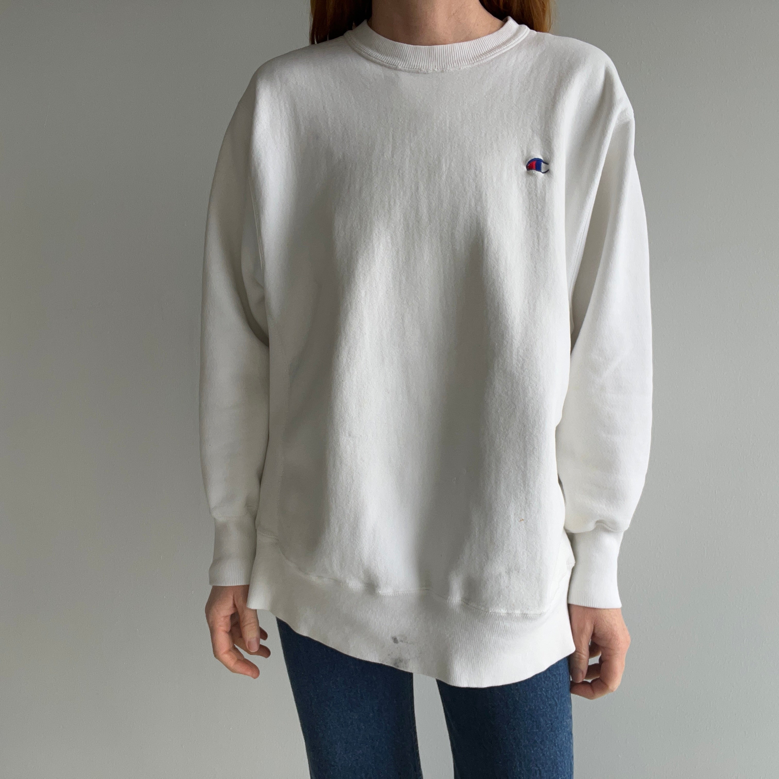 1980s Soft and Worn Heavyweight White Cotton Reverse Weave Sweatshirt