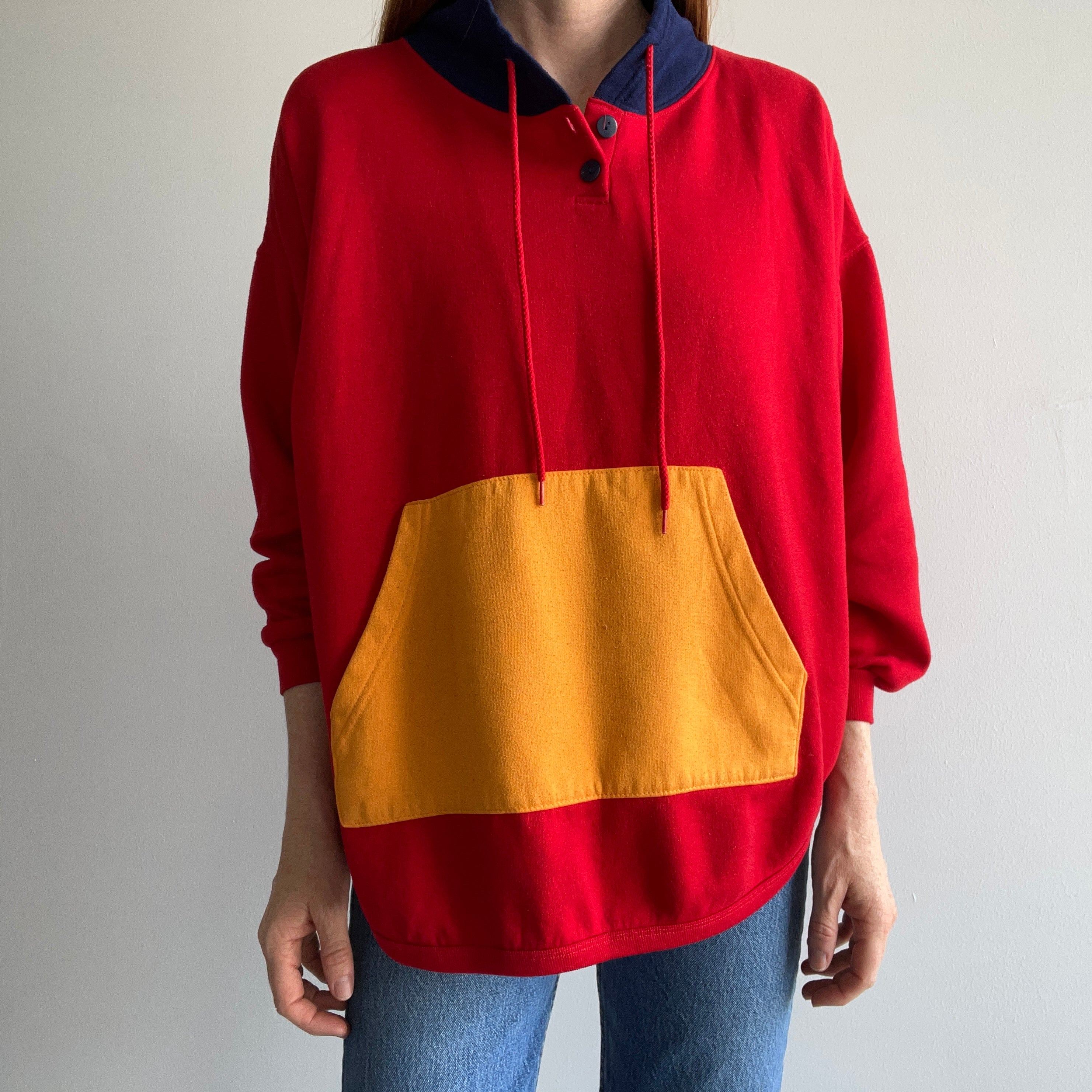 1980s Coolest Color Block Sweatshirt (Part Henley, Part Hoodie)