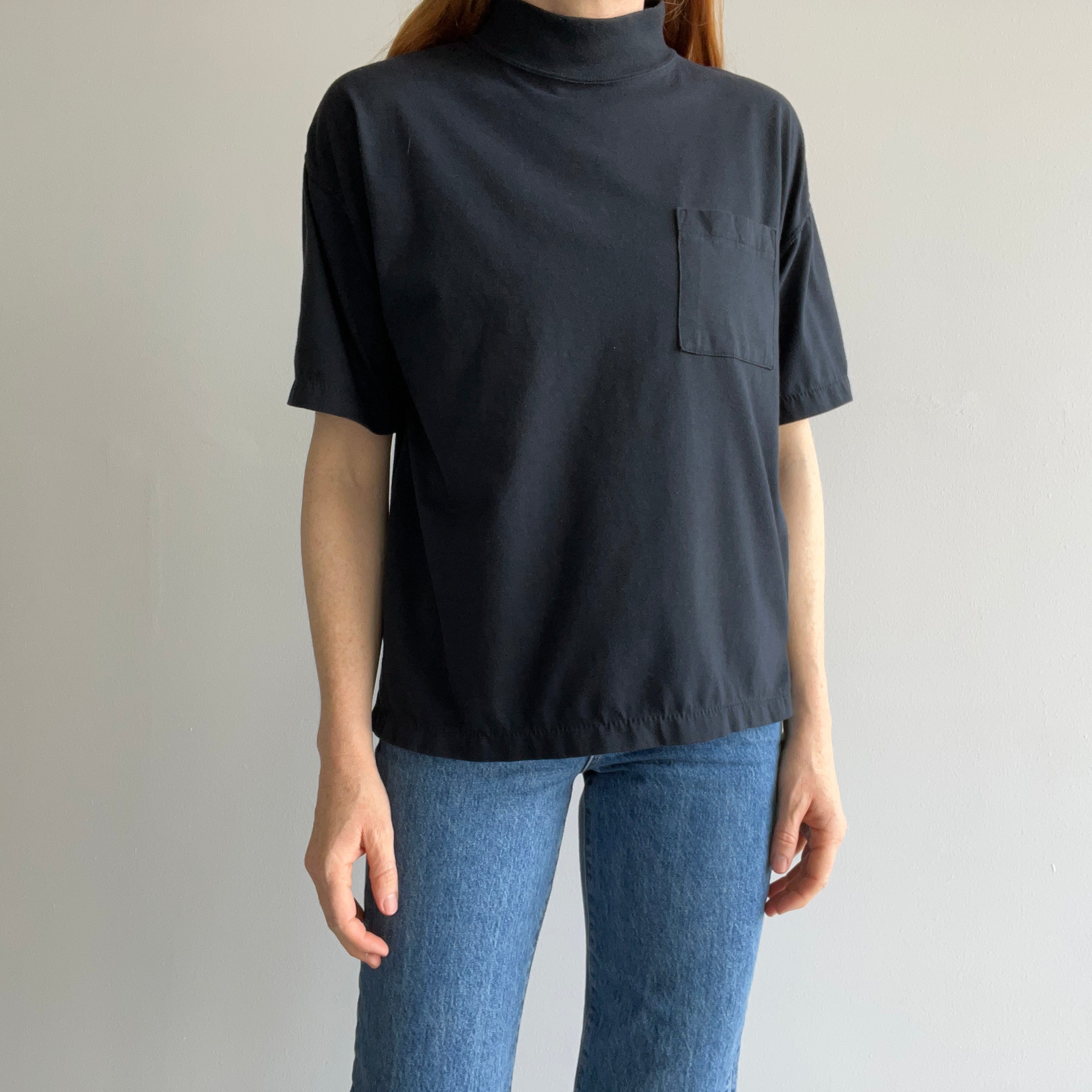 1980s Blank Black Mock Neck Pocket T-Shirt