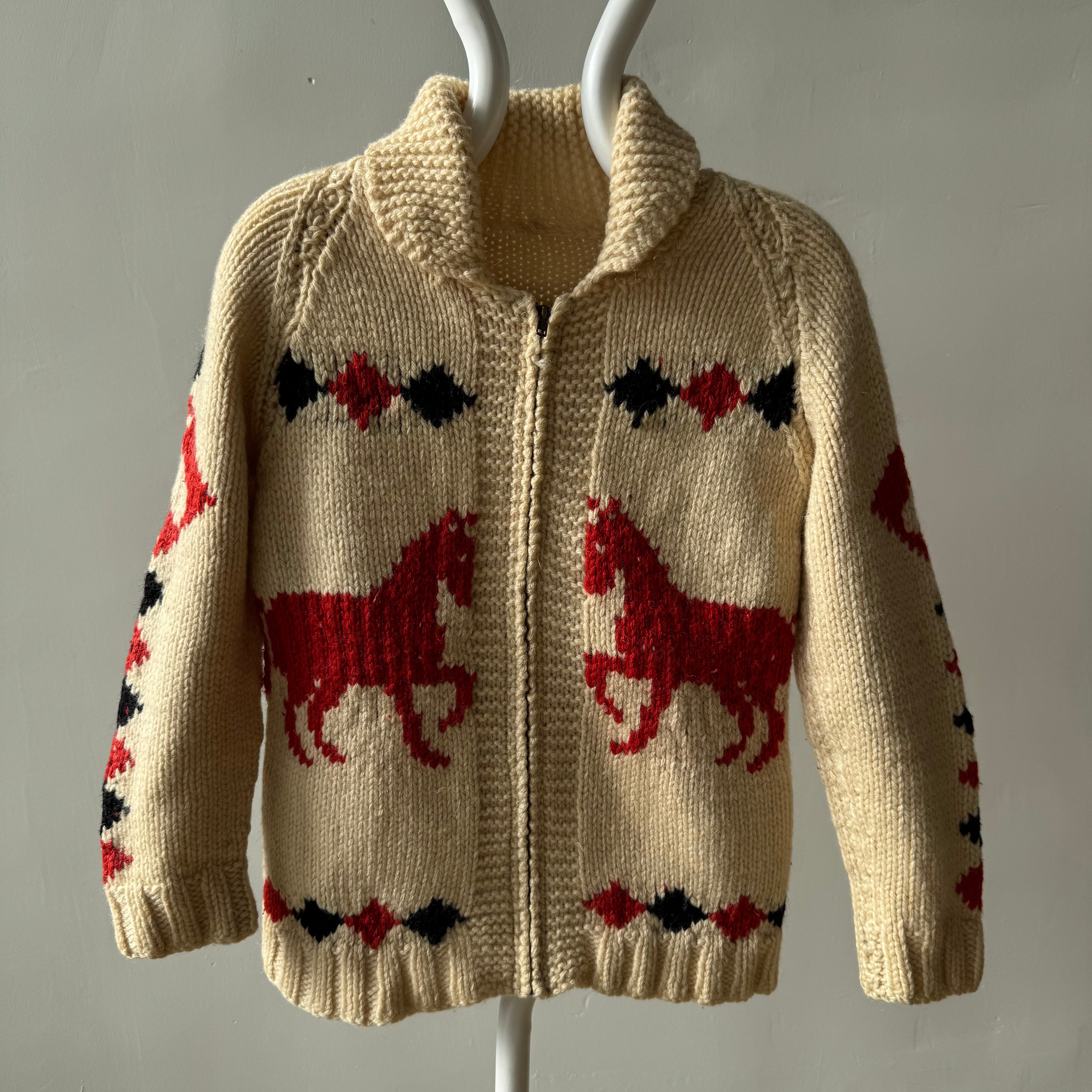 1970s Handmade DIY Horsey Cowichan Zip Up Sweater - !!!!!!