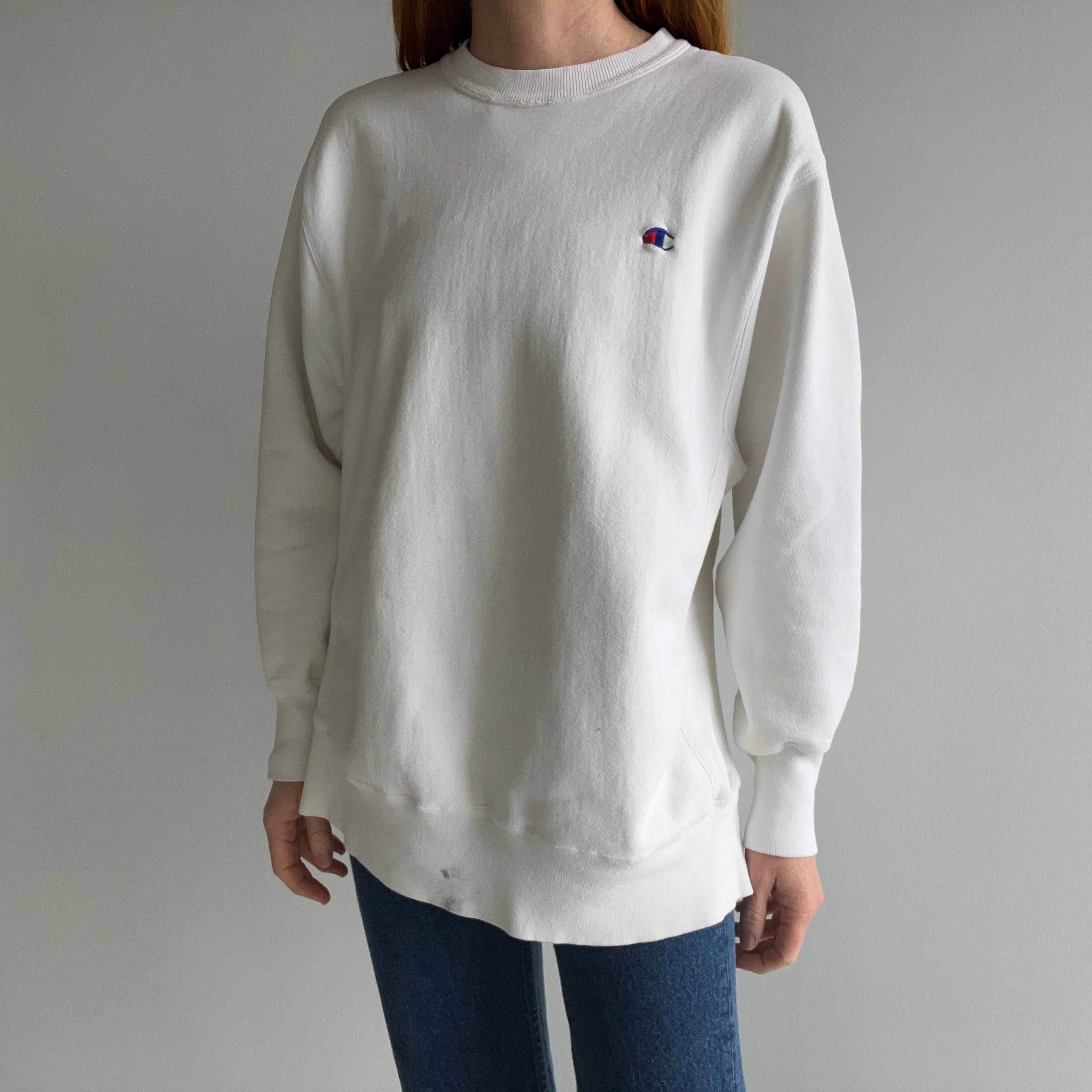 1980s Soft and Worn Heavyweight White Cotton Reverse Weave Sweatshirt