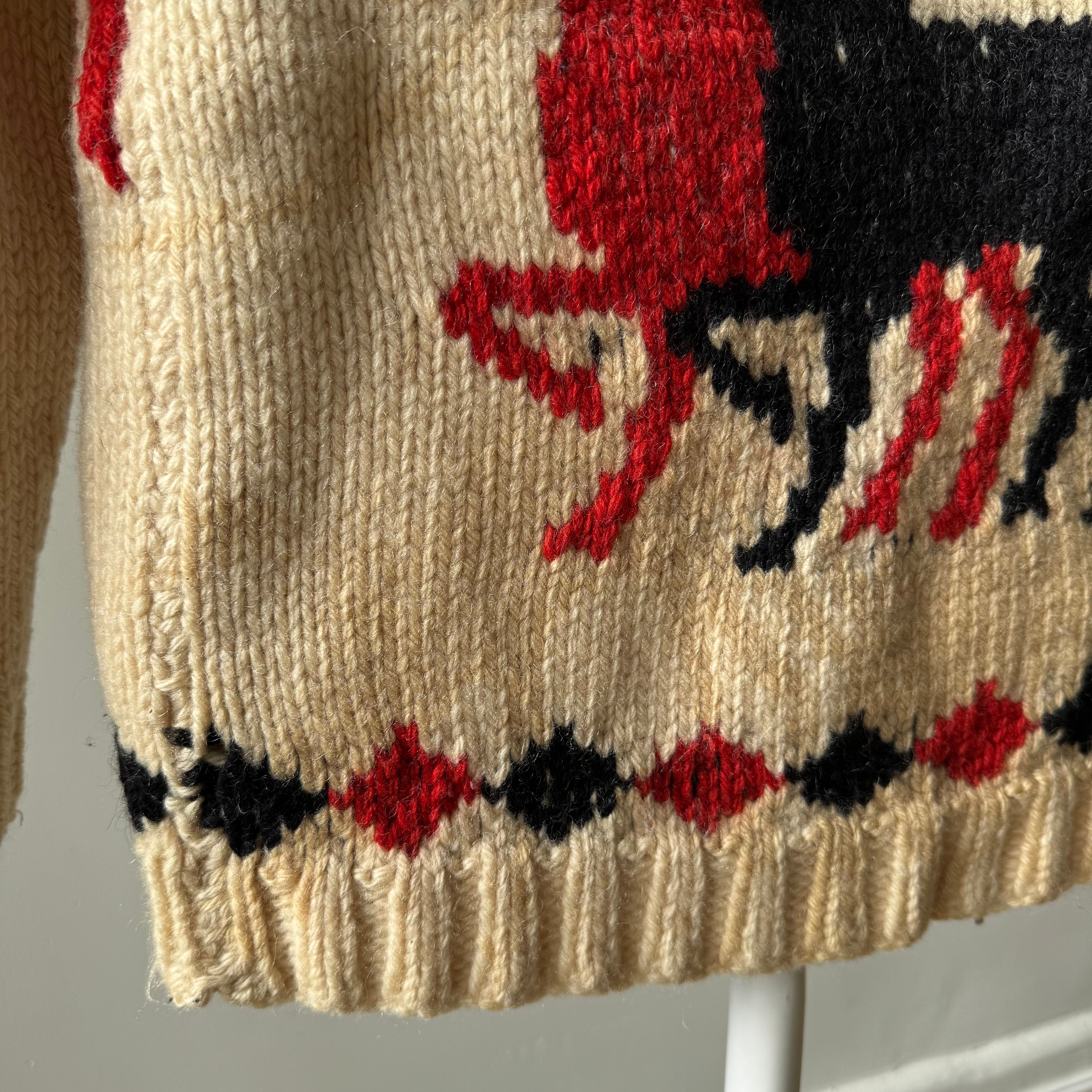 1970s Handmade DIY Horsey Cowichan Zip Up Sweater - !!!!!!