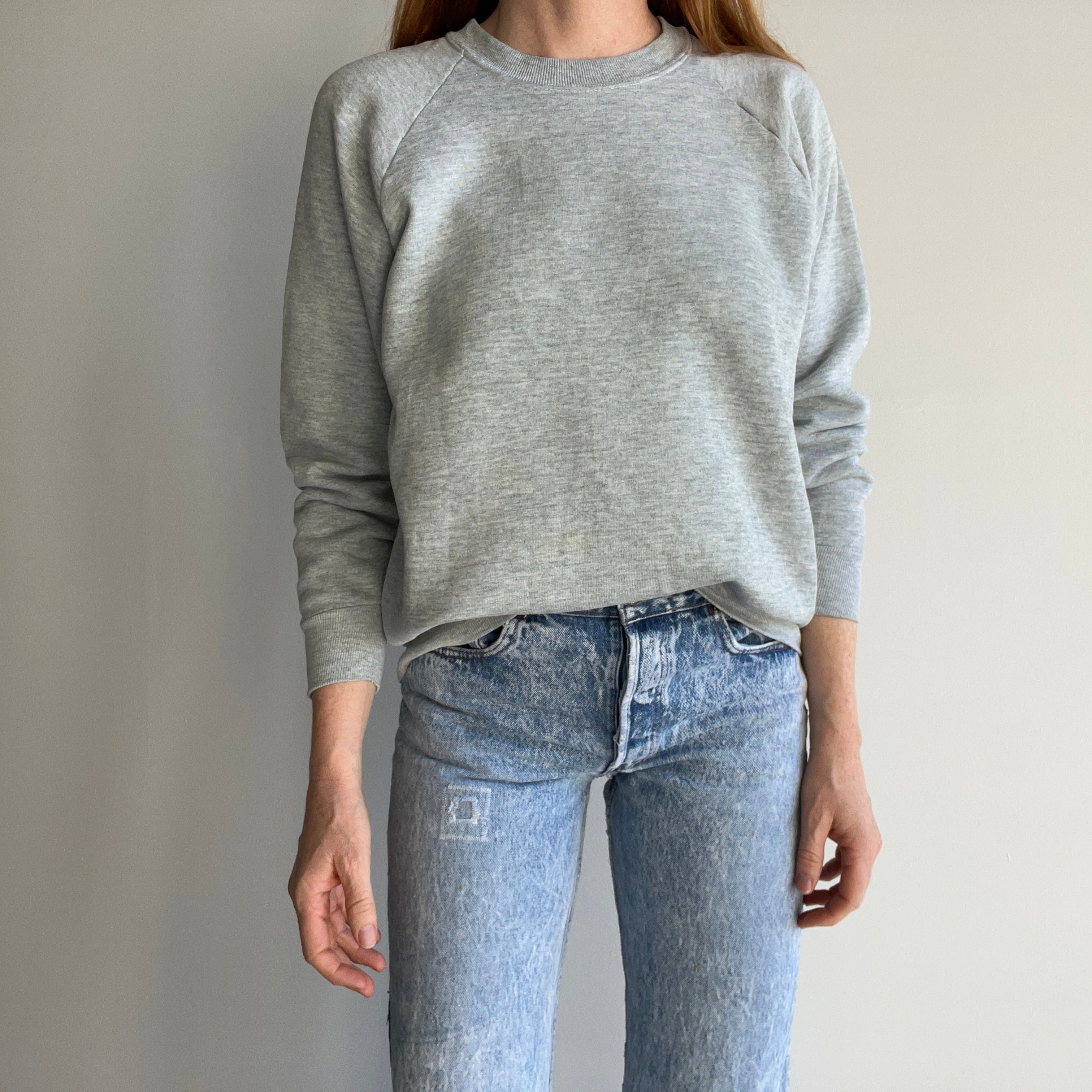 1980s Nicely Stained and Tattered FOTL Blank Gray Sweatshirt