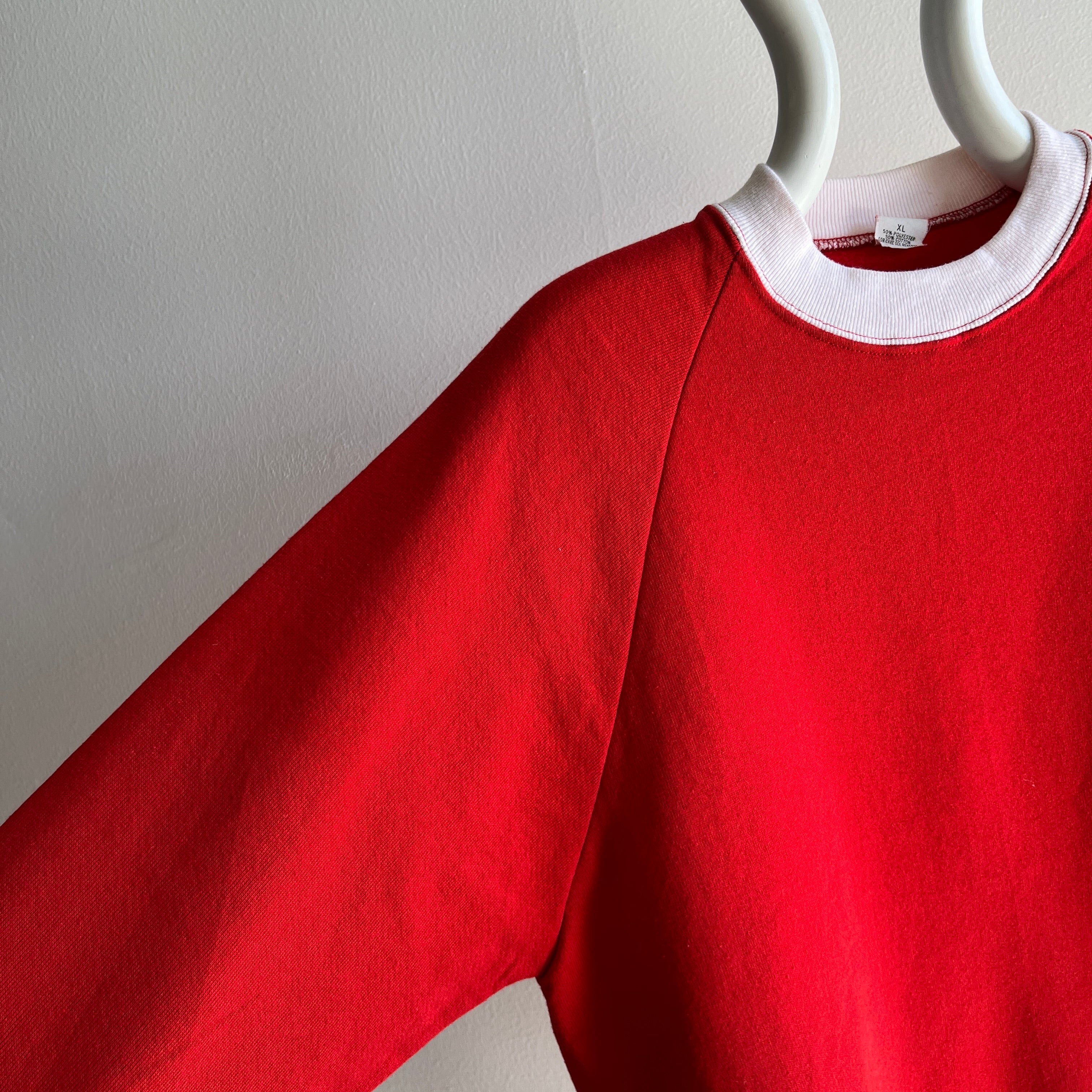 1980s Red Sweatshirt with Contrast White Cuffs and Collar - Oh My!