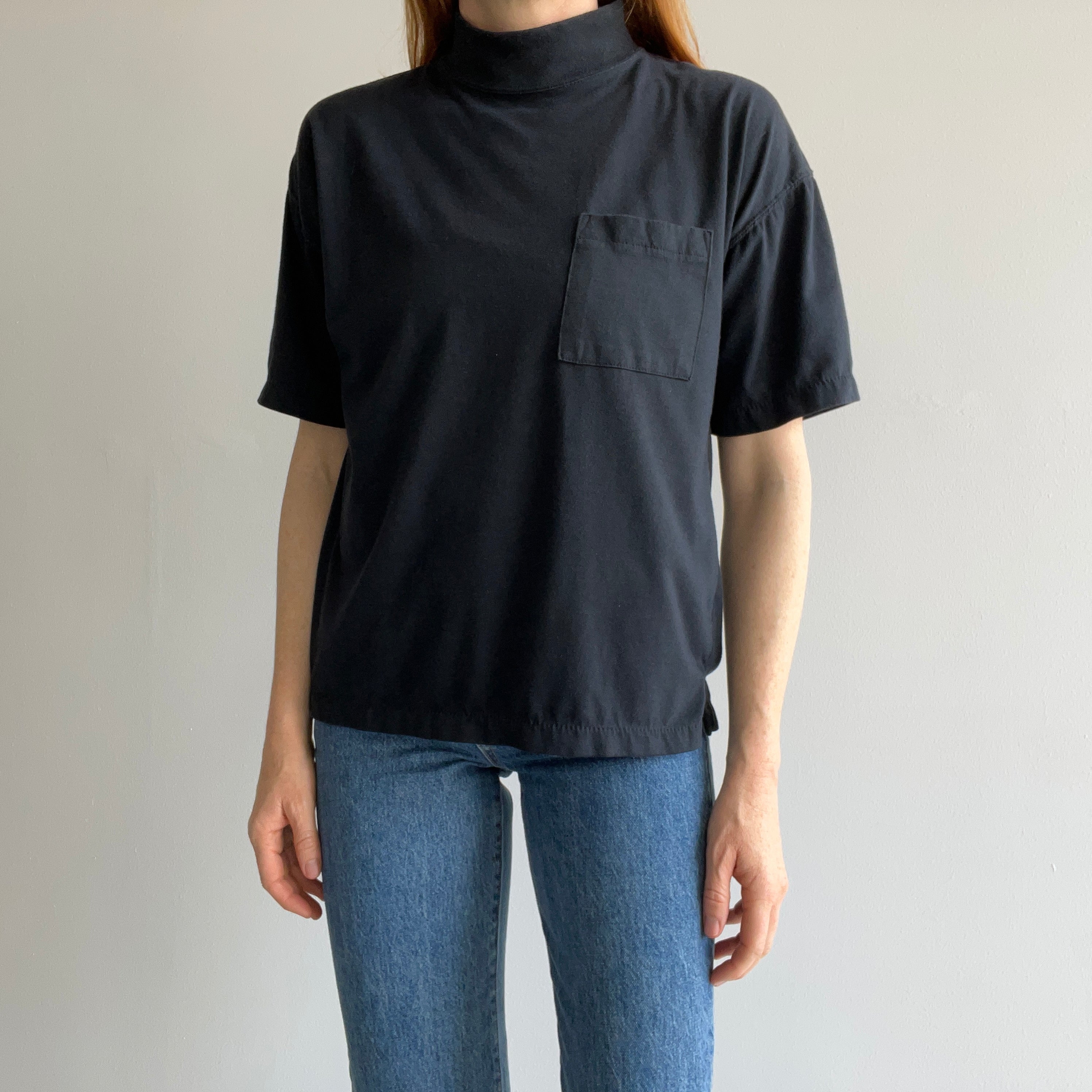 1980s Blank Black Mock Neck Pocket T-Shirt