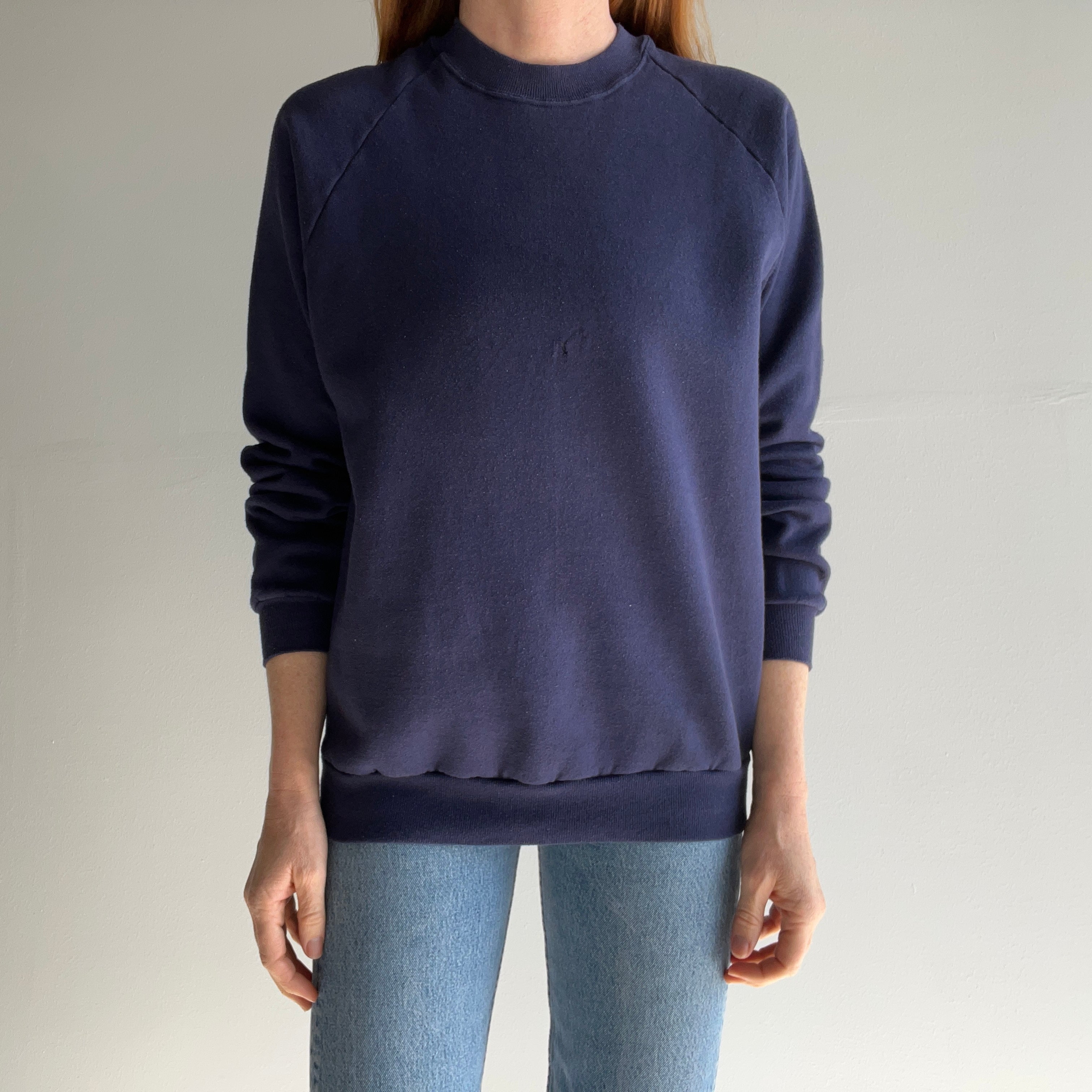 1980s Jerzees Blank Navy Raglan with Wear Holes