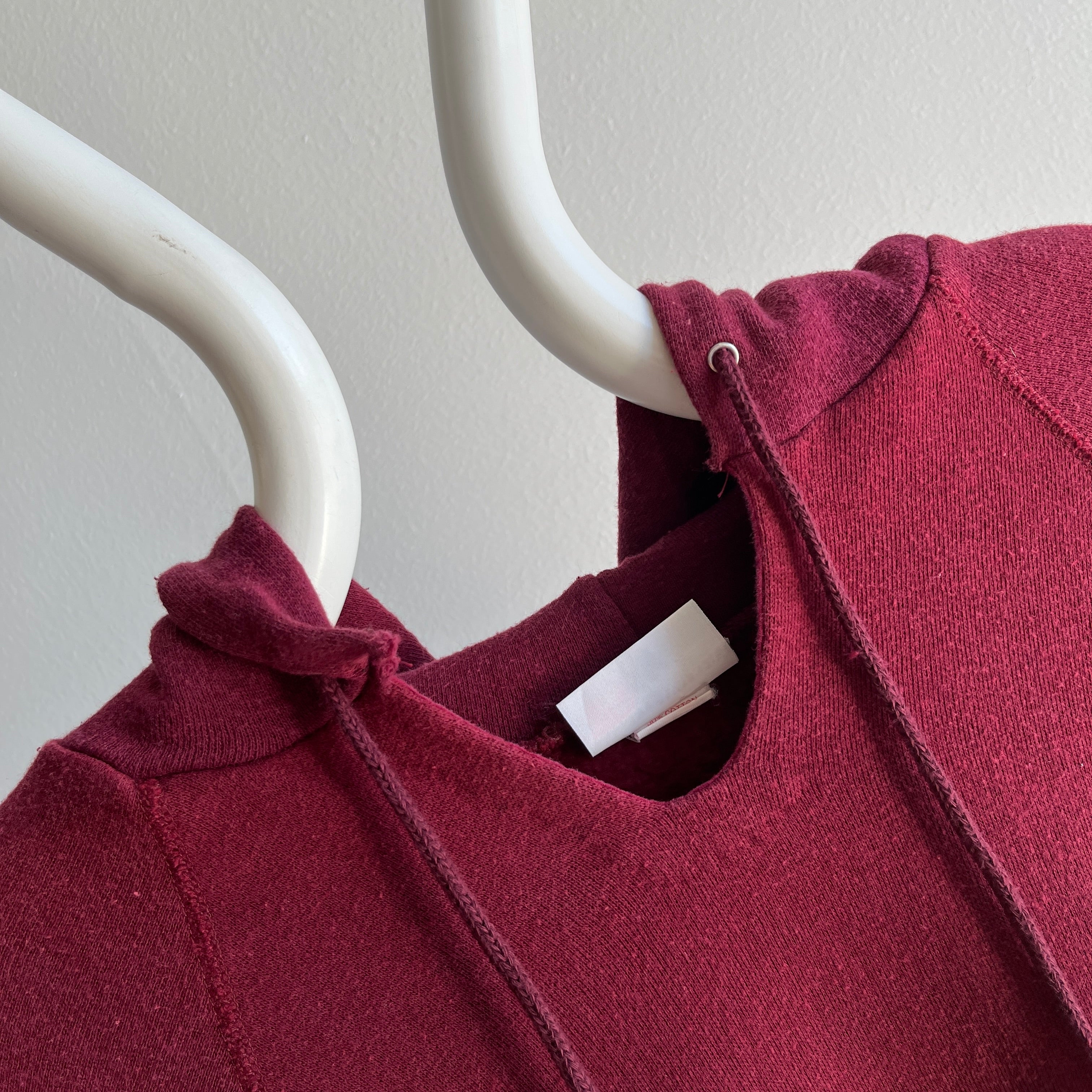 1980s DIY Hemmed Cut Neck on a Burgundy Hoodie by Bassett Walker