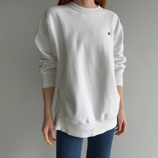 1980s Soft and Worn Heavyweight White Cotton Reverse Weave Sweatshirt