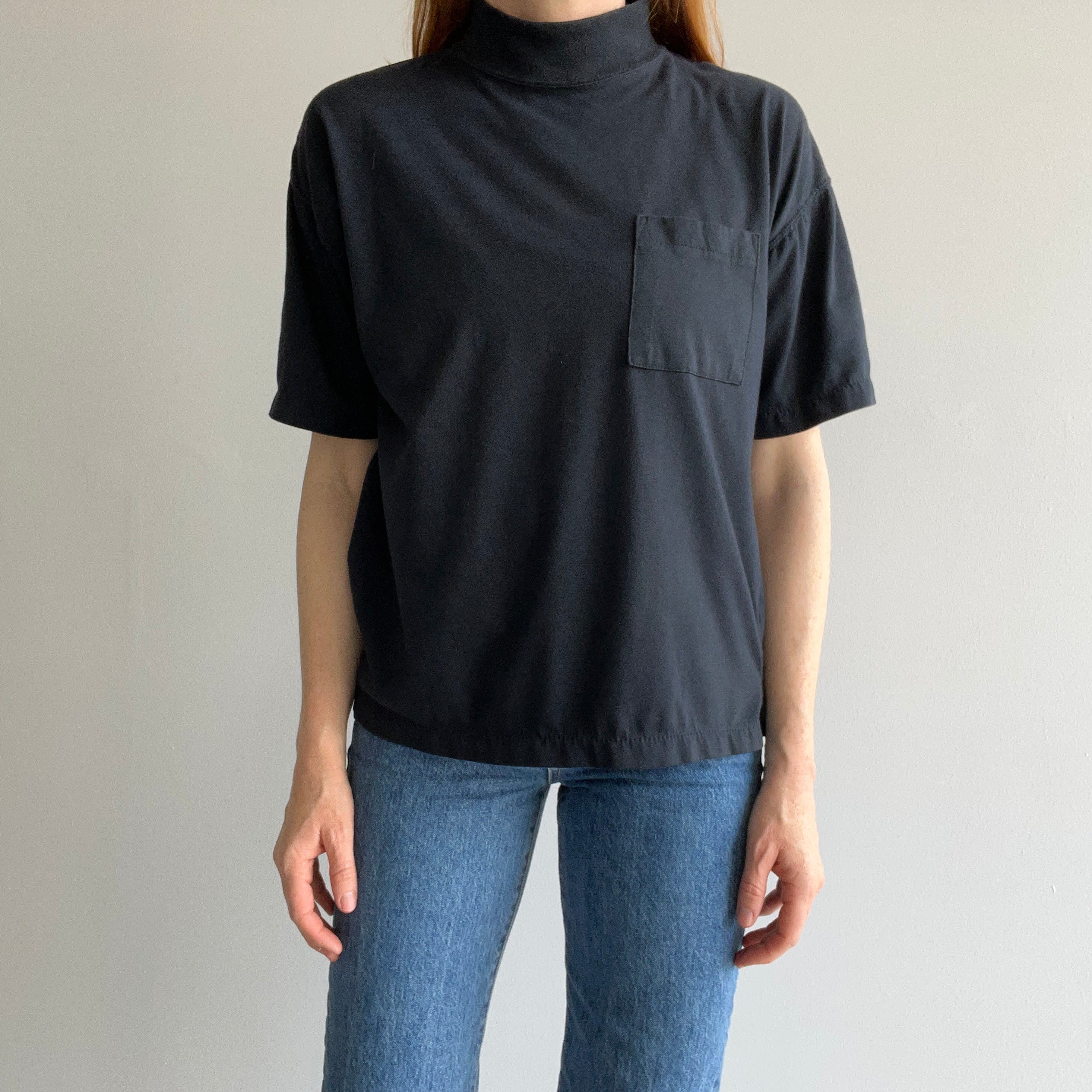 1980s Blank Black Mock Neck Pocket T-Shirt
