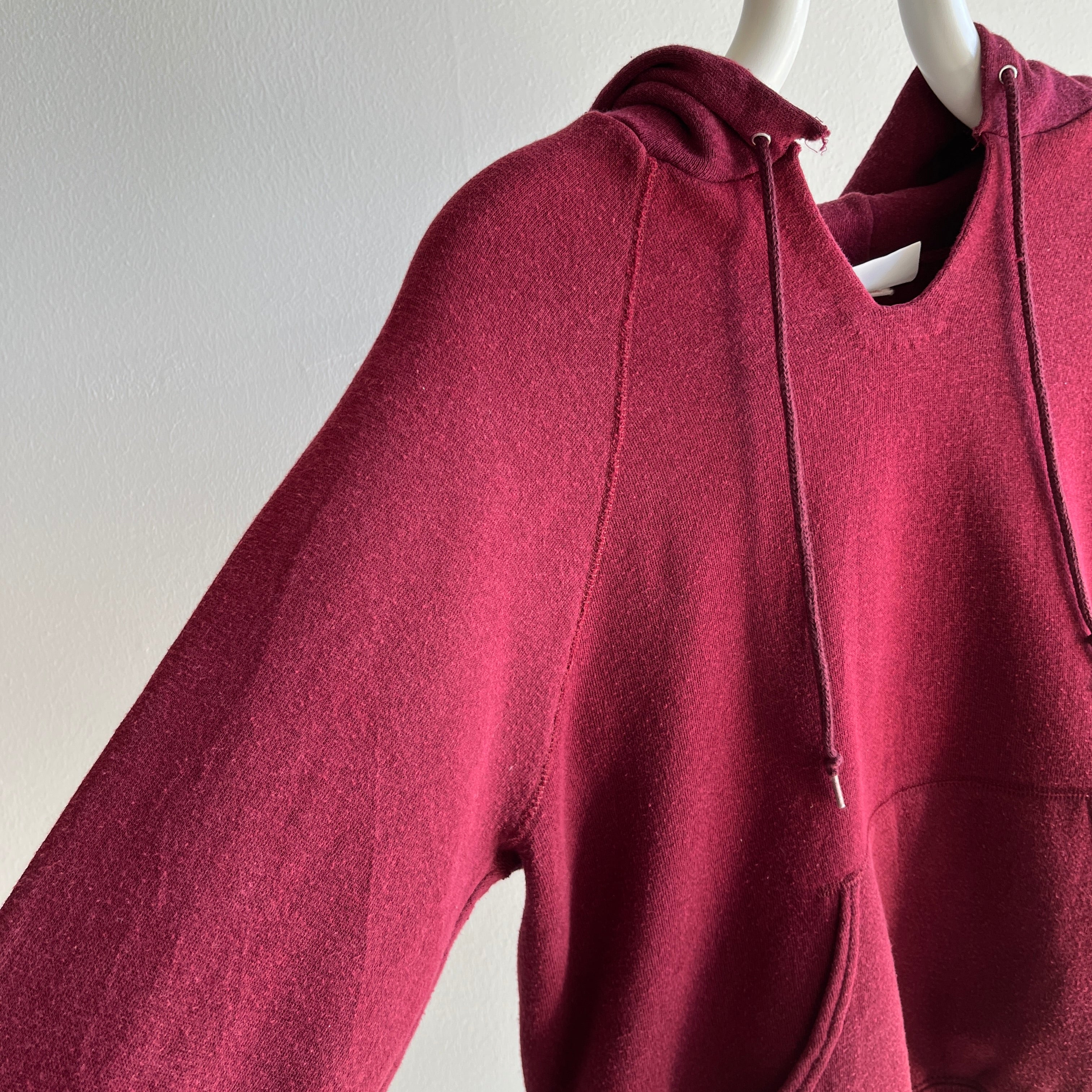 1980s DIY Hemmed Cut Neck on a Burgundy Hoodie by Bassett Walker