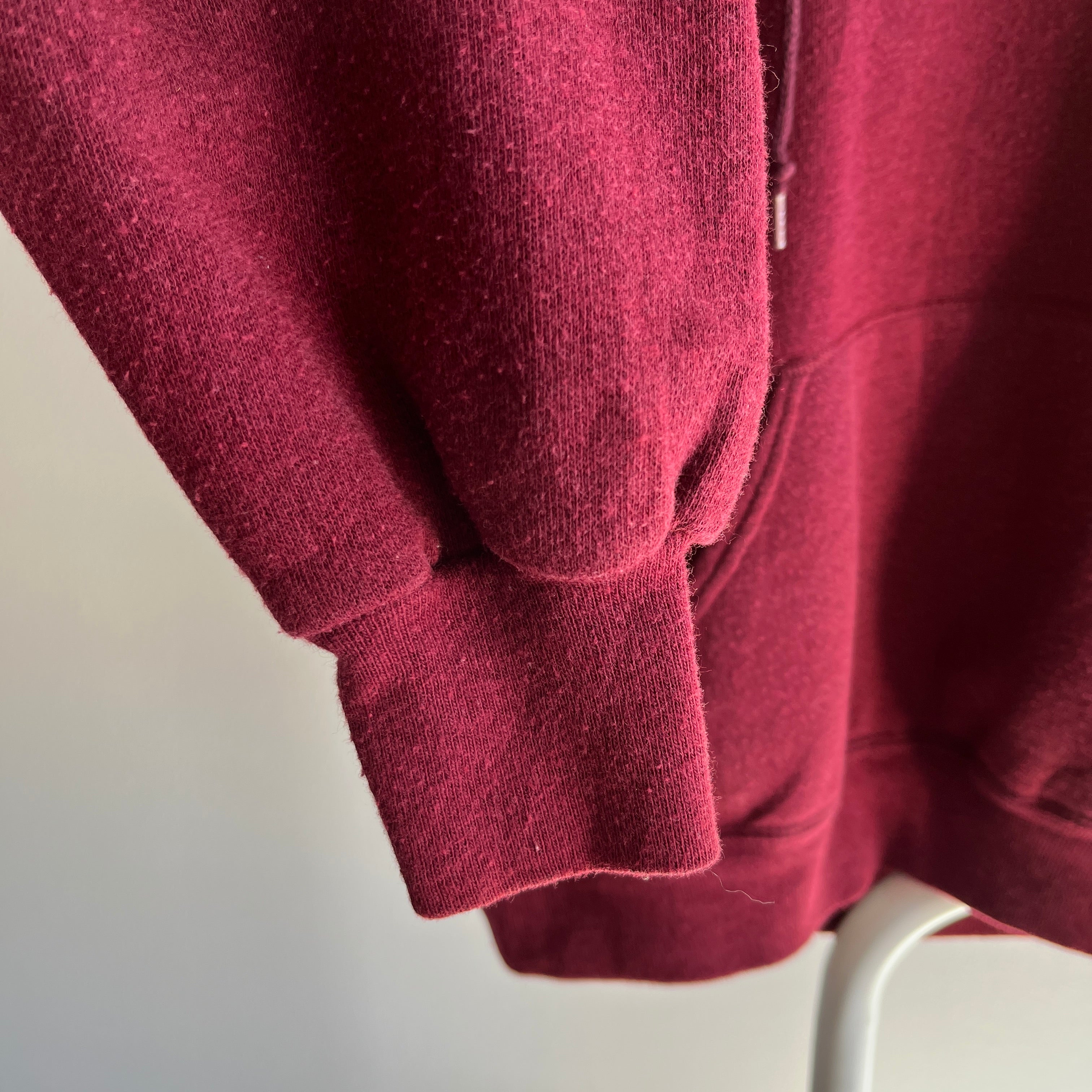 1980s DIY Hemmed Cut Neck on a Burgundy Hoodie by Bassett Walker