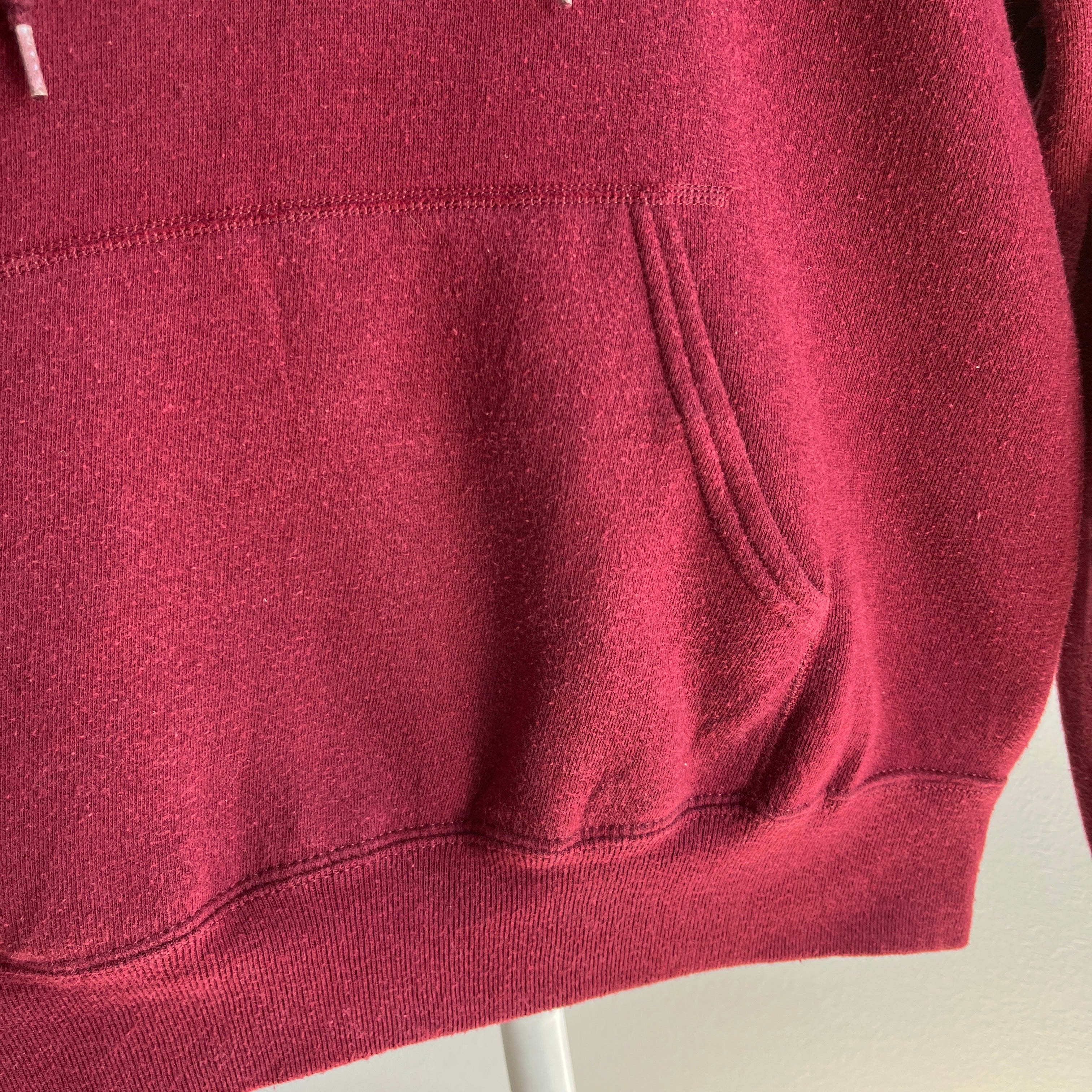 1980s DIY Hemmed Cut Neck on a Burgundy Hoodie by Bassett Walker