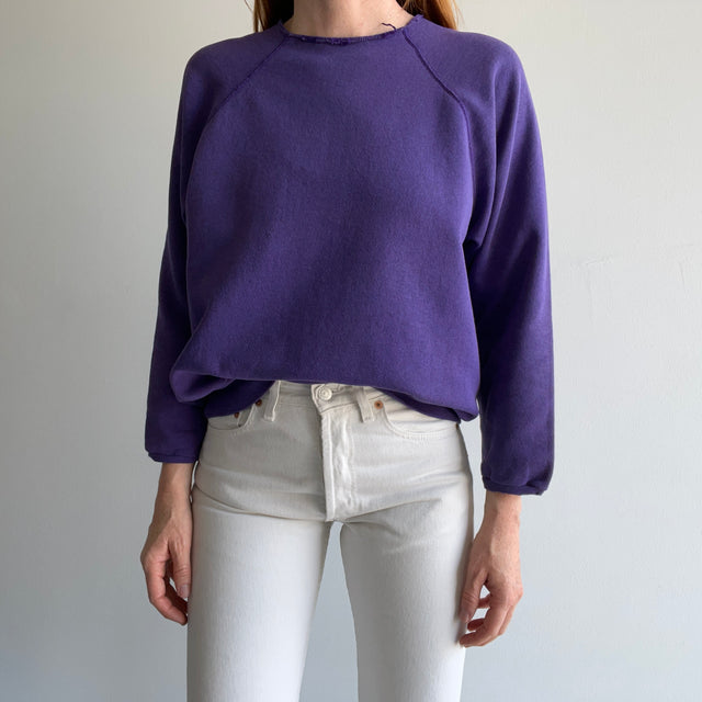 1980s Cut Collar and Cuffs Faded and Worn Purple Raglan Sweatshirt