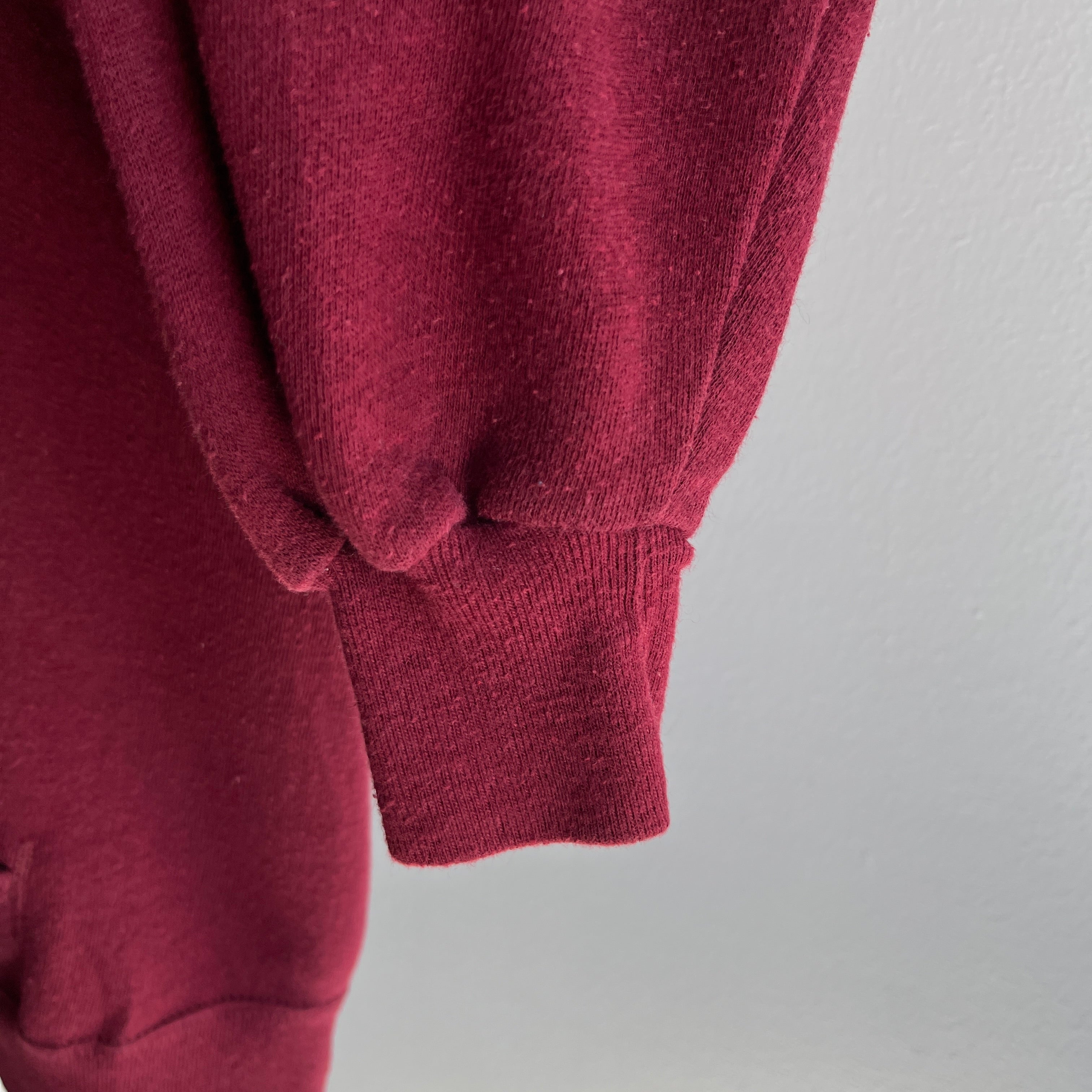 1980s DIY Hemmed Cut Neck on a Burgundy Hoodie by Bassett Walker