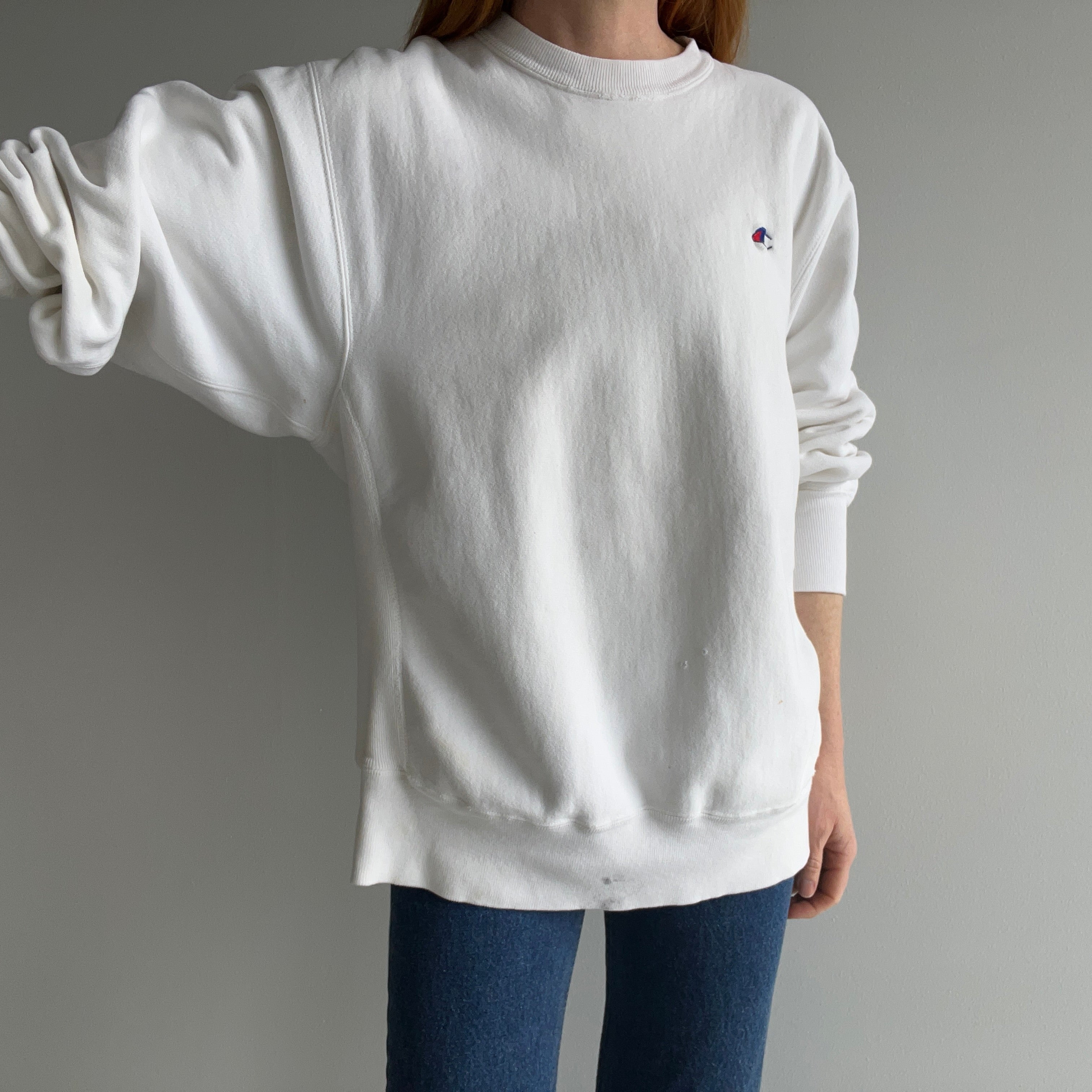 1980s Soft and Worn Heavyweight White Cotton Reverse Weave Sweatshirt