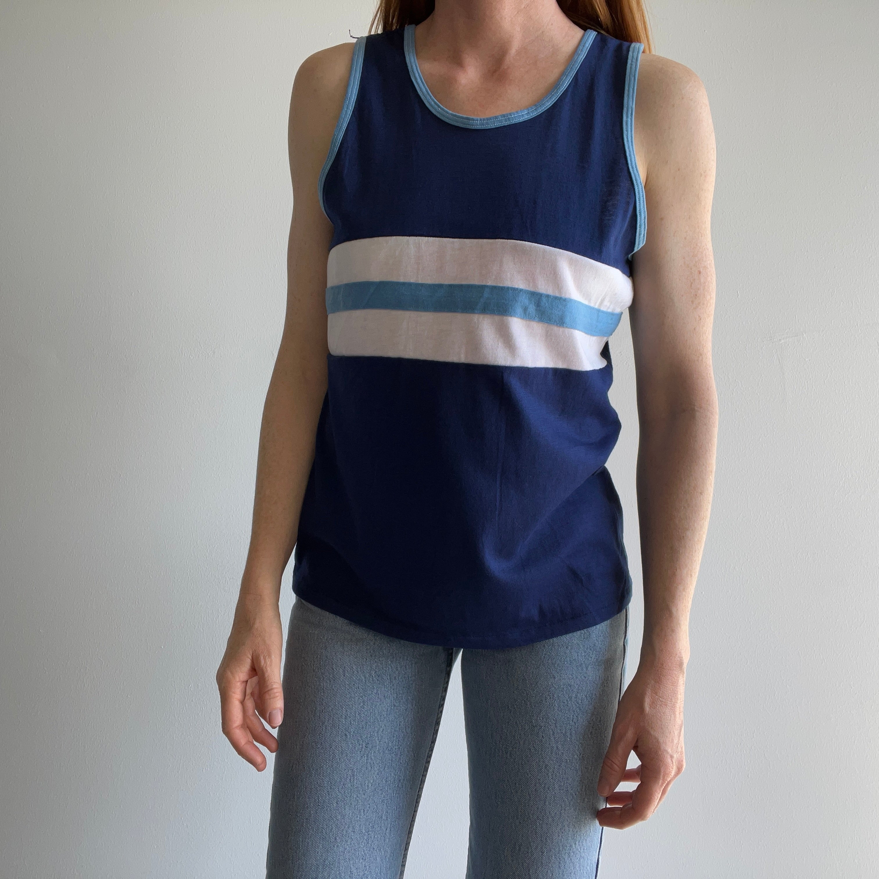1970s Color Block Tank Top with Mending on the Back Side.