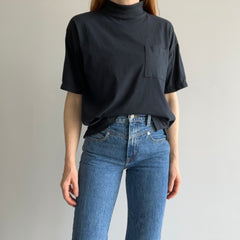 1980s Blank Black Mock Neck Pocket T-Shirt