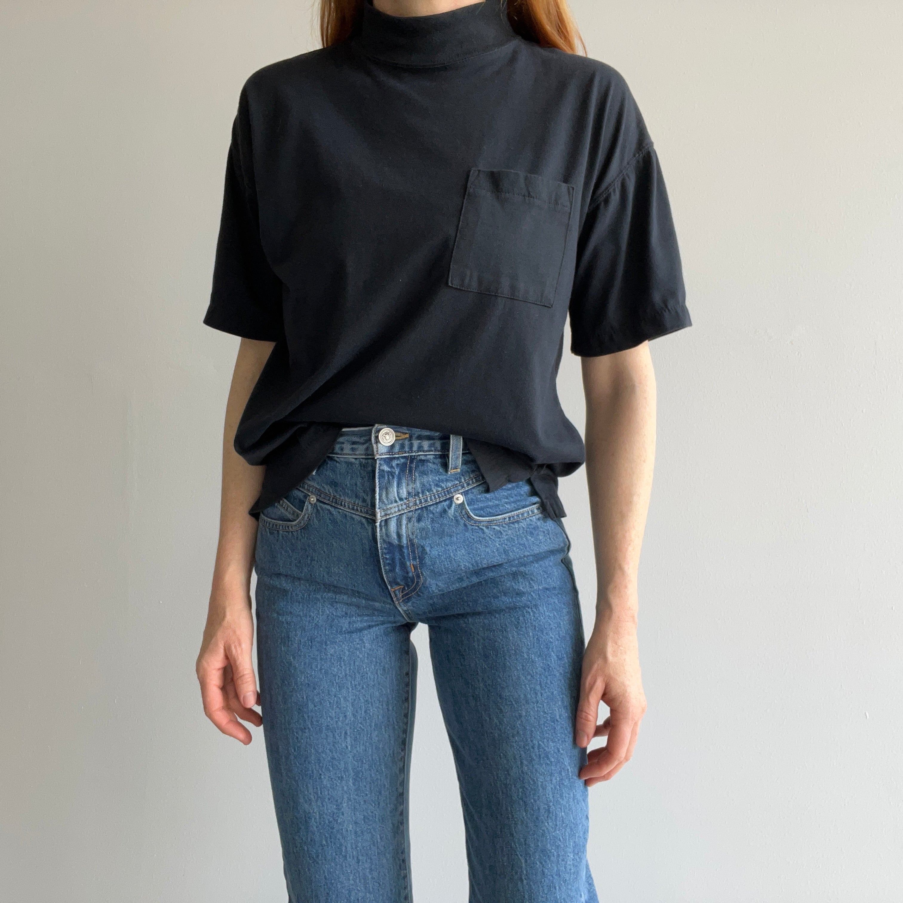 1980s Blank Black Mock Neck Pocket T-Shirt