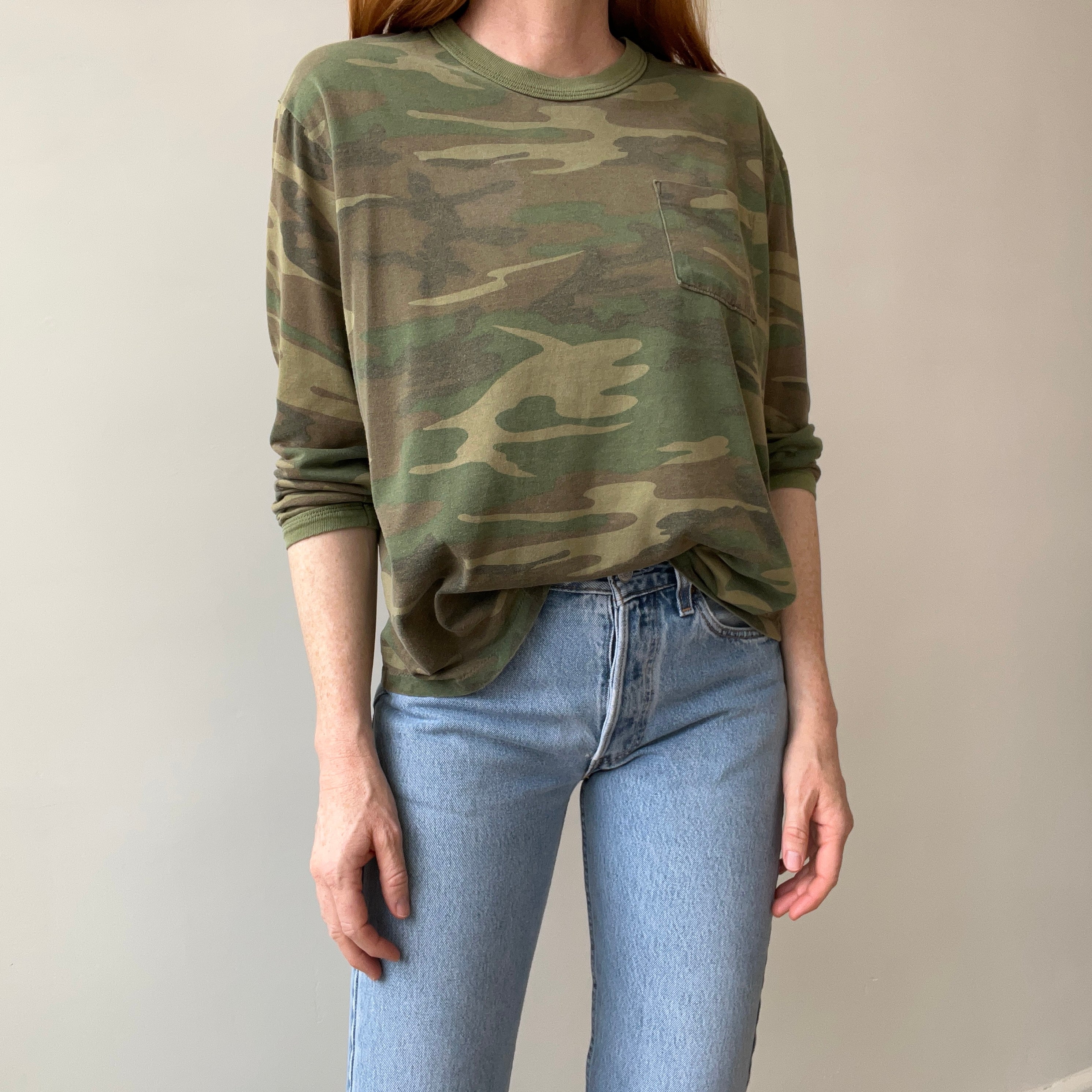 1980s Rolled Neck Soft and Slouchy Long Sleeve Camo T-Shirt