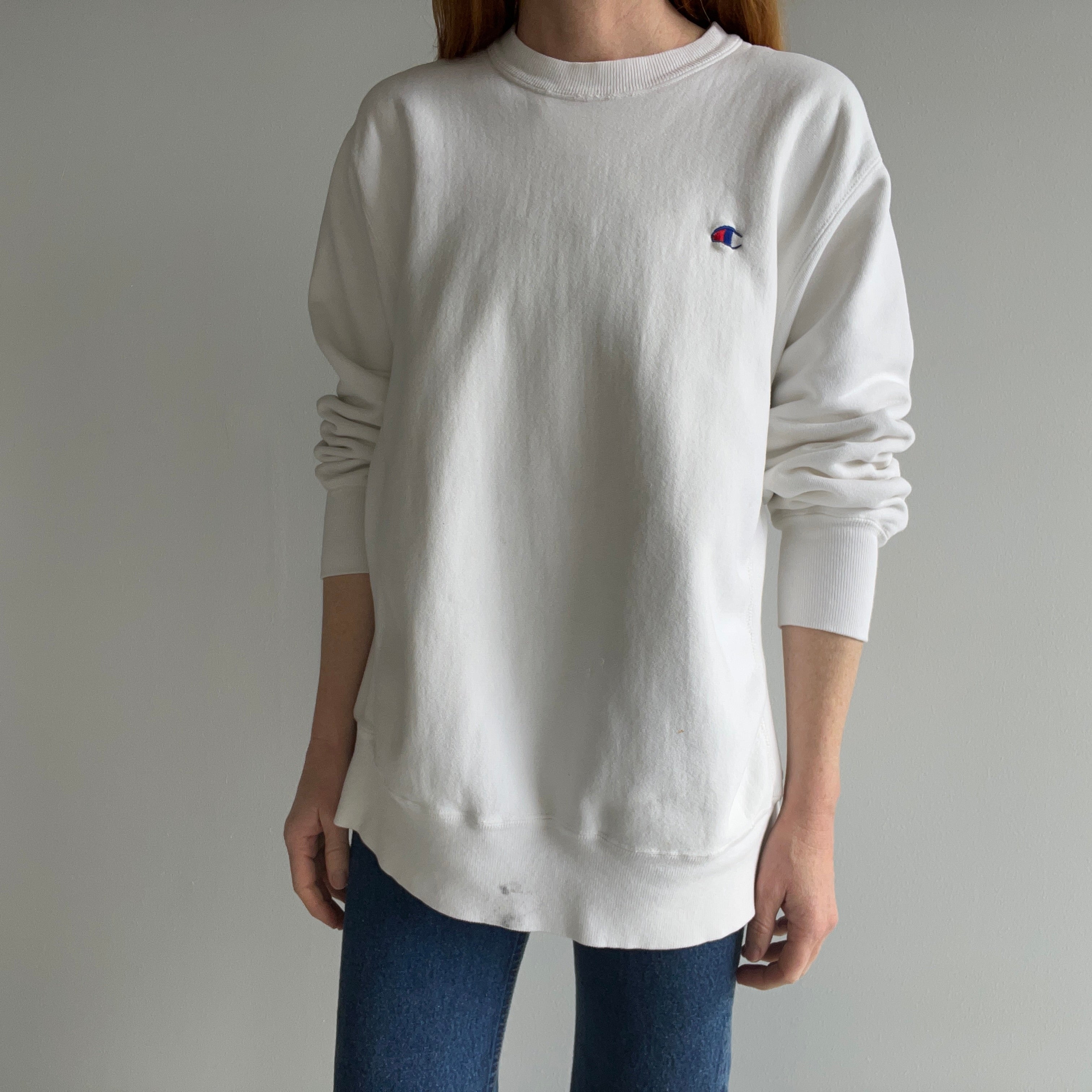 1980s Soft and Worn Heavyweight White Cotton Reverse Weave Sweatshirt