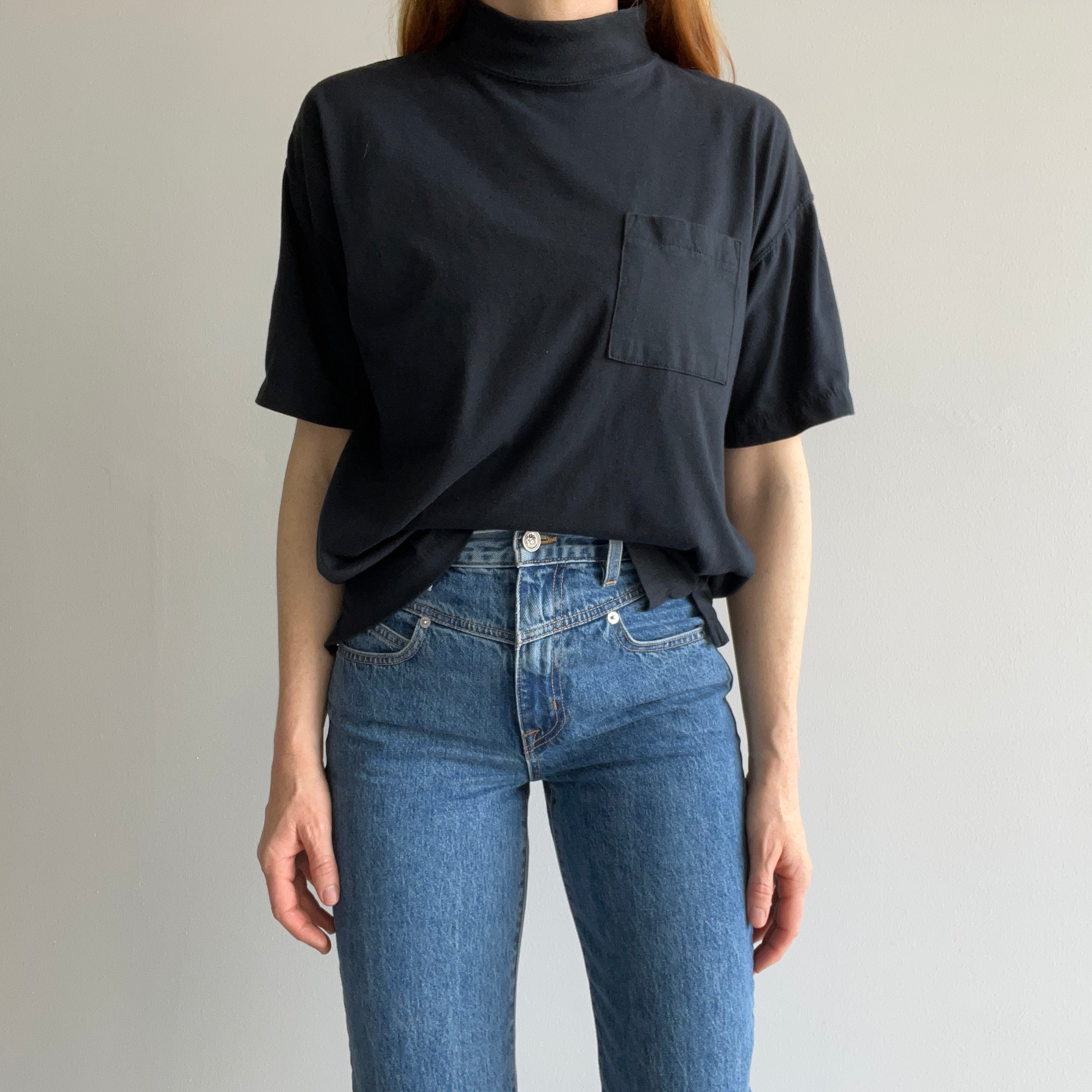 1980s Blank Black Mock Neck Pocket T-Shirt