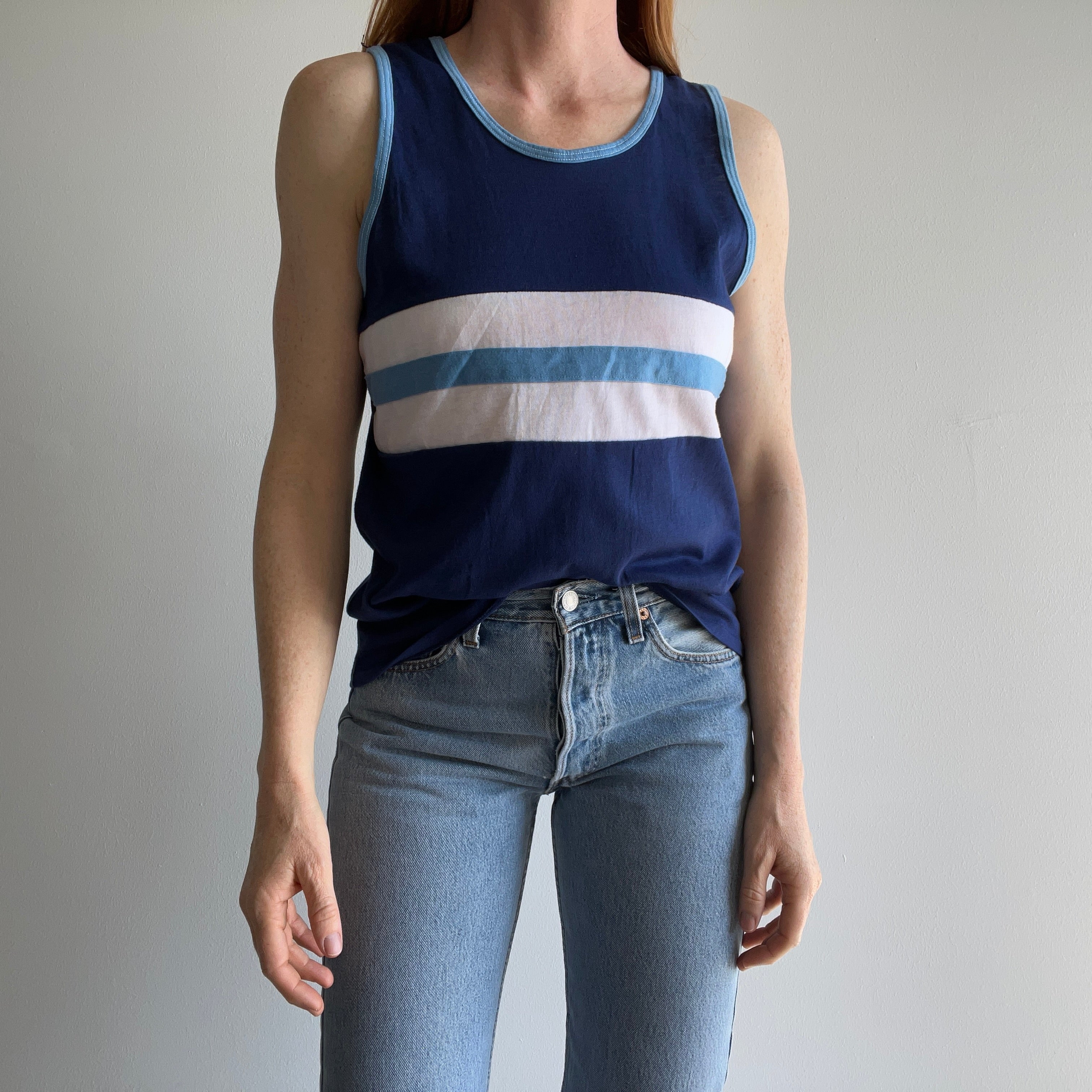 1970s Color Block Tank Top with Mending on the Back Side.