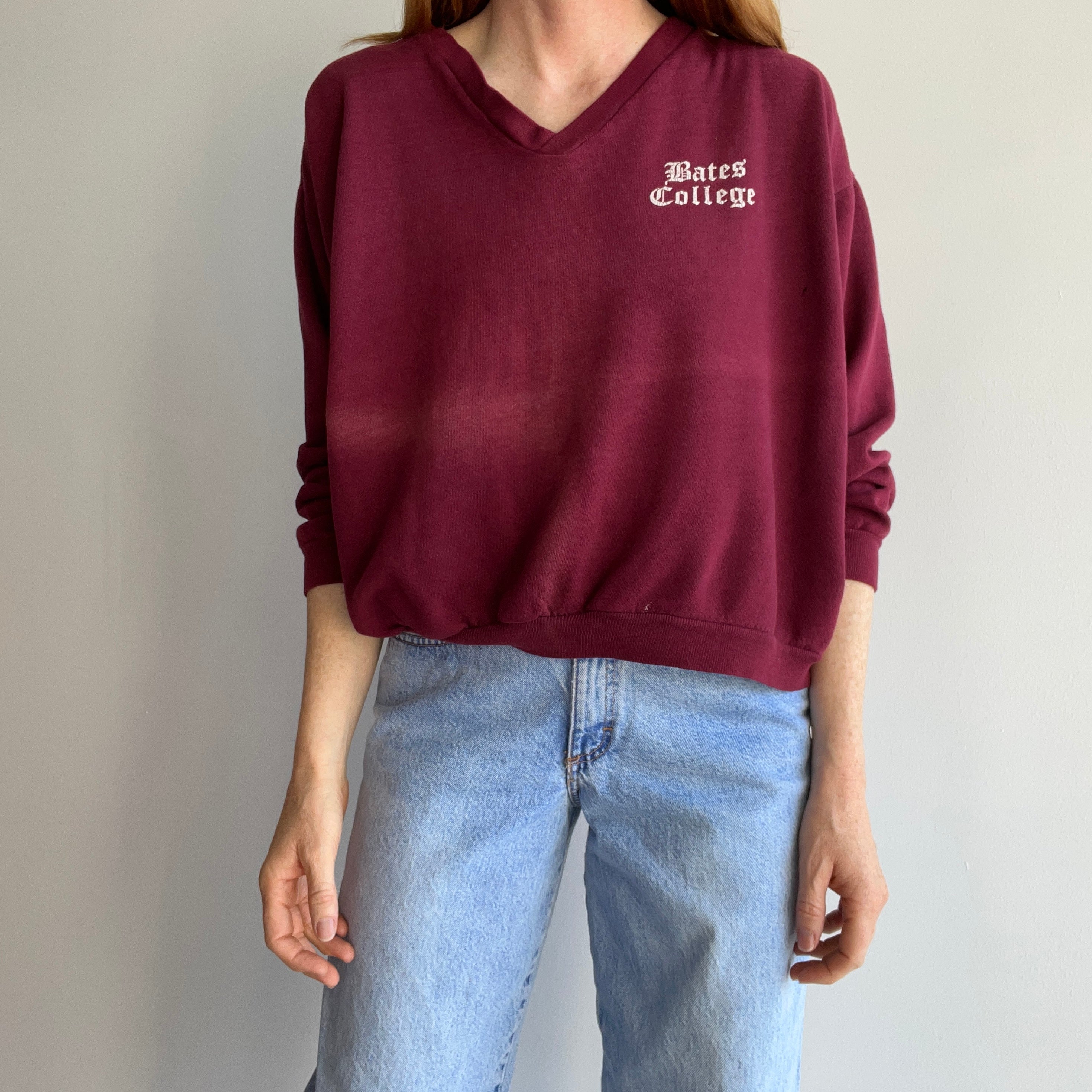 1970s Bates College Thin, Sunfaded, and Beat Up V-Neck Sweatshirt