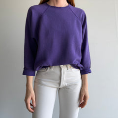 1980s Cut Collar and Cuffs Faded and Worn Purple Raglan Sweatshirt