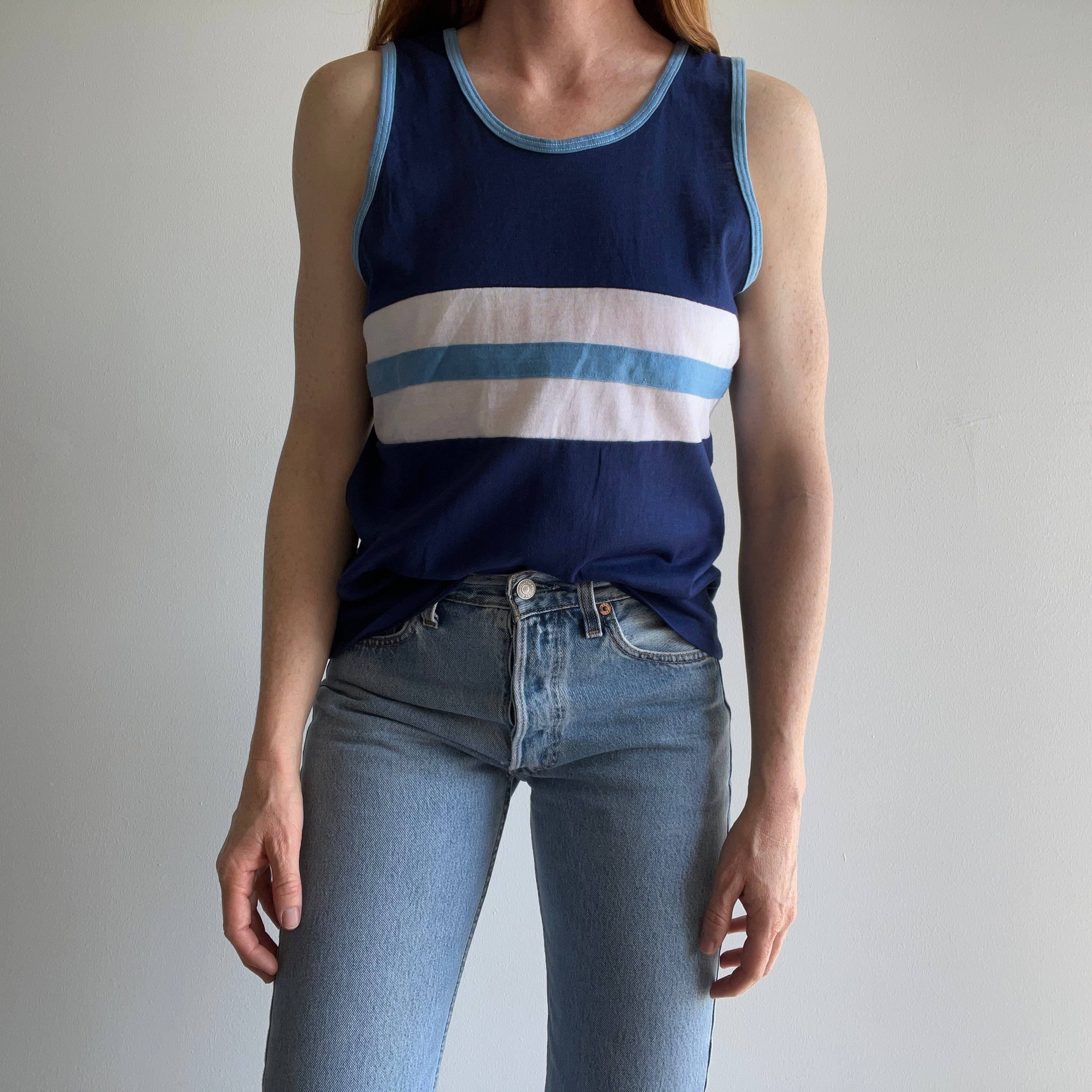 1970s Color Block Tank Top with Mending on the Back Side.