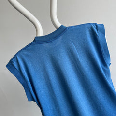 1970s Sun Faded Blank Blue Muscle Tank Pocket T-Shirt by Signal