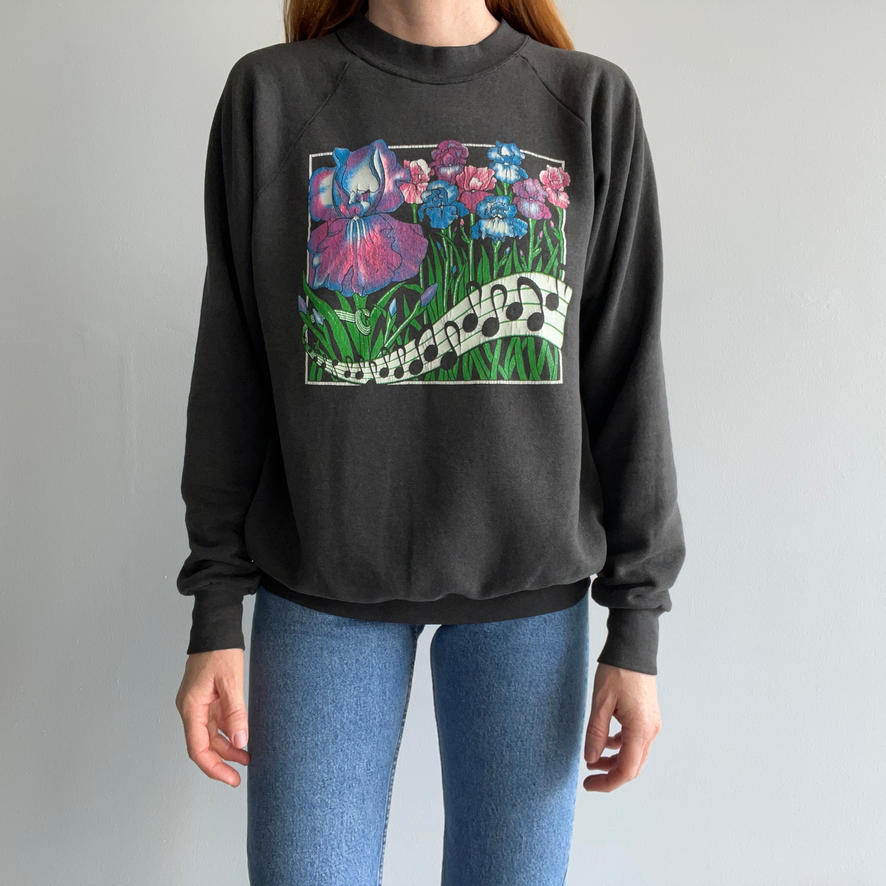 1990s Flowers and Music Notes Nicely Faded Sweatshirt