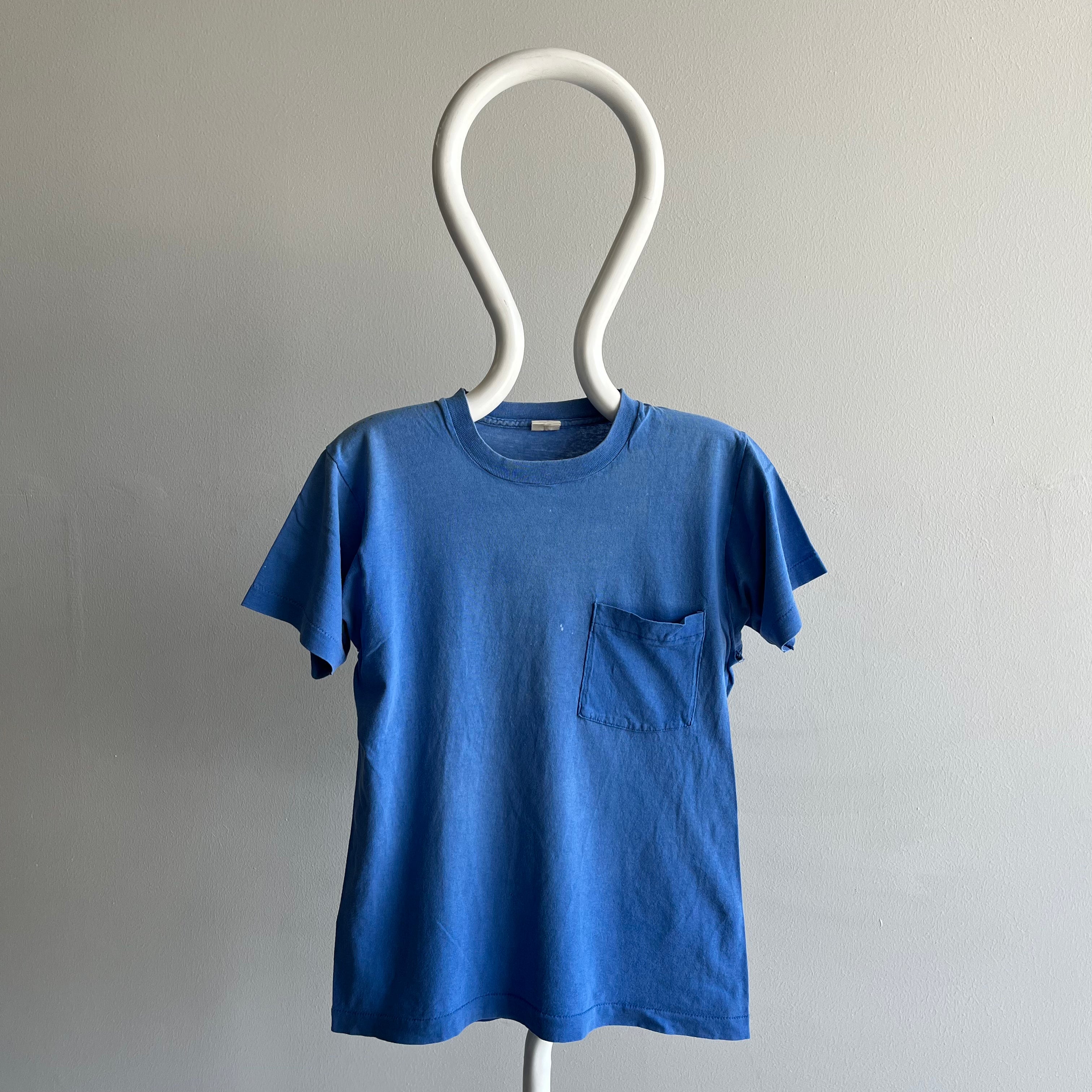 1980s Sun Faded And Perfectly Worn Blank Blue Pocket T-Shirt