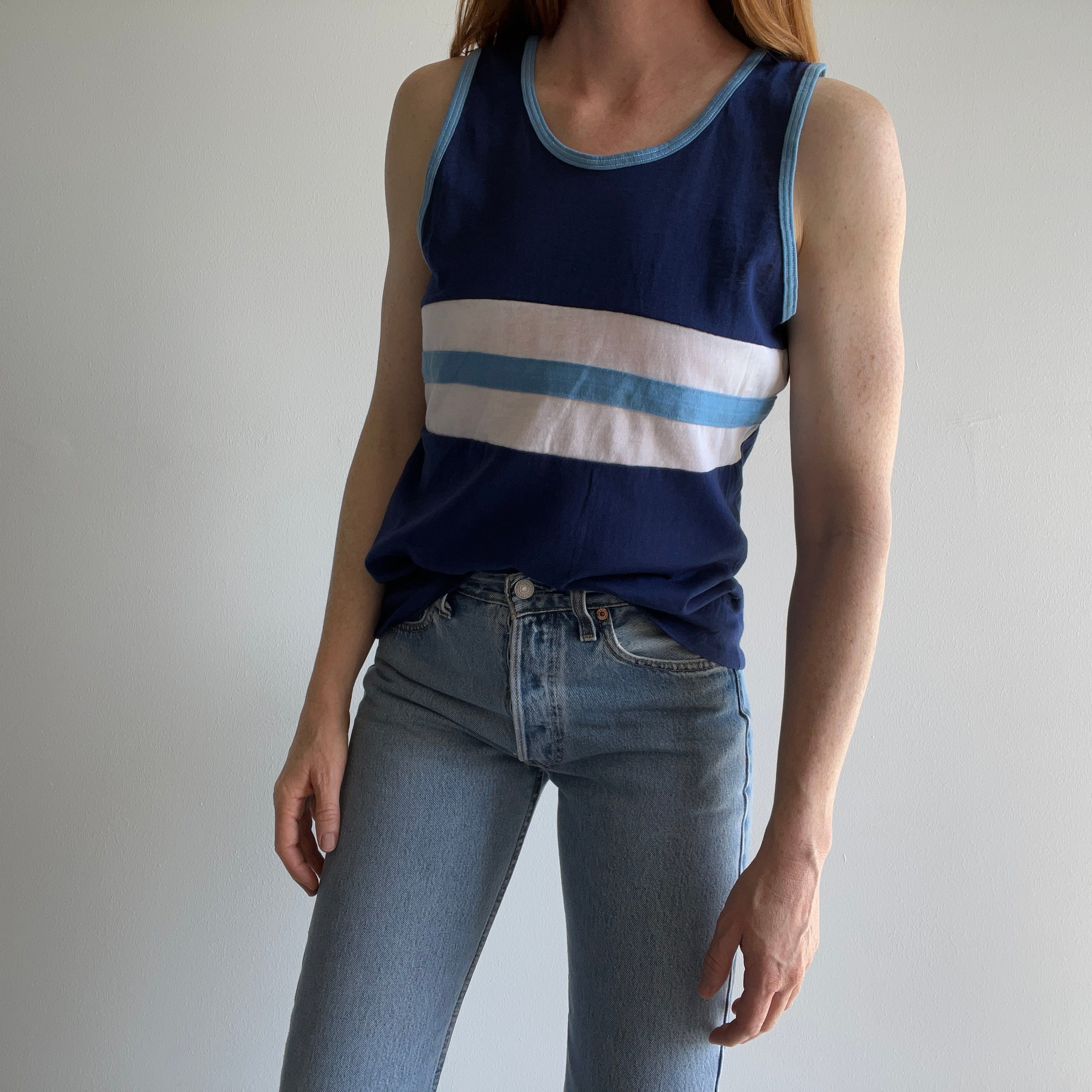 1970s Color Block Tank Top with Mending on the Back Side.