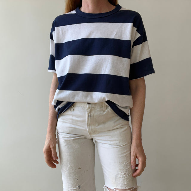 1980s/90s Navy Blue and White Striped T-Shirr