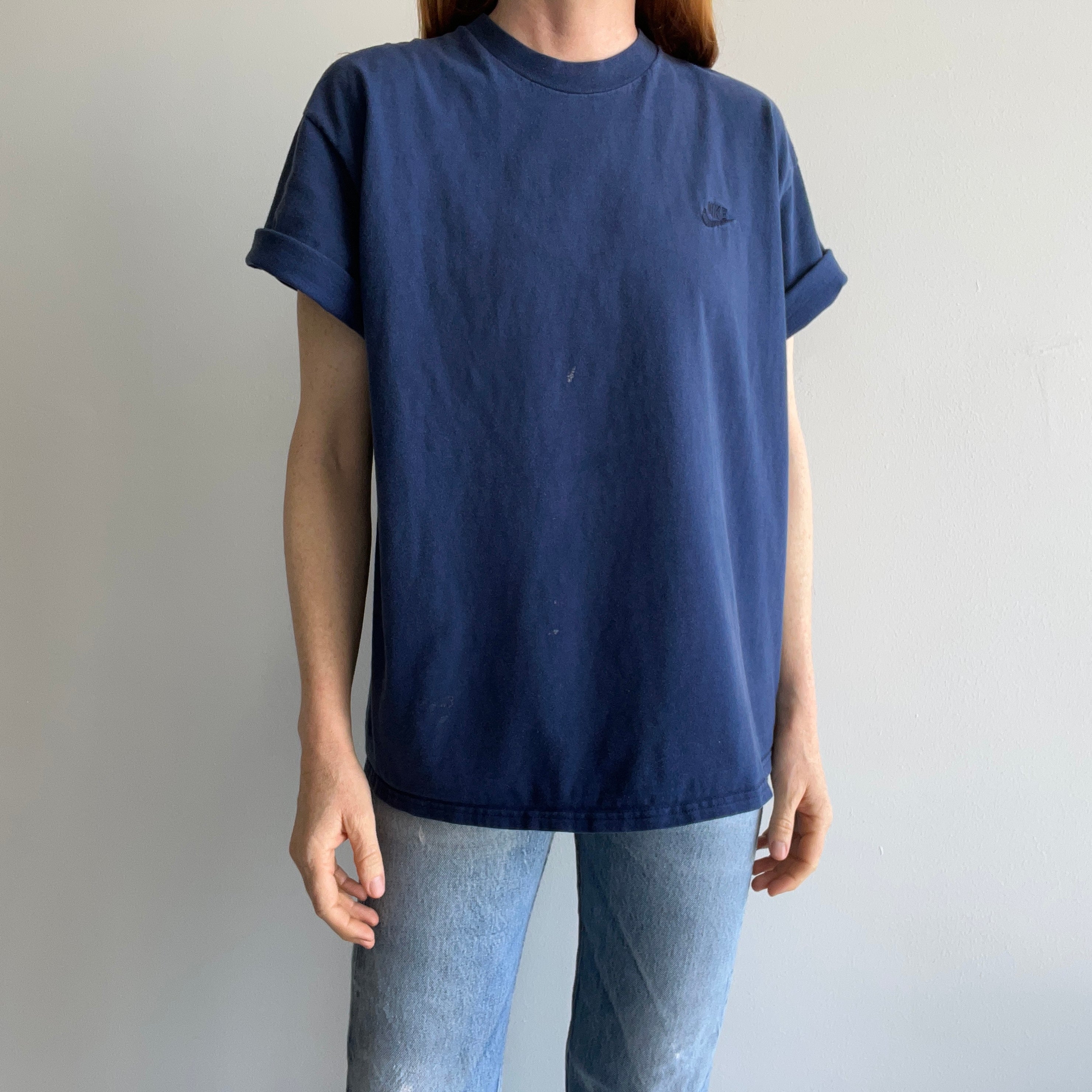 1990s USA Made Nike Faded Navy Cotton T-Shirt