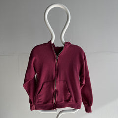 1980s Sweet Smaller Faded Burgundy Zip Up Hoodie with Tar Staining